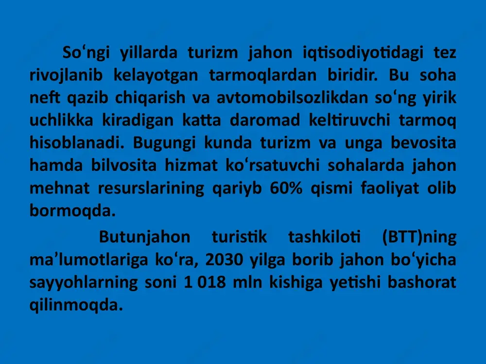 ad yiliga bir yarim trl. dollarni tashkil qilmoqda. • o'zbekiston o'zining turistik salohiyati bo'yicha jahonda yetkachi o'rinlarni egallaydigan 15 ta mamlakat qatoridan joy olgan. respublikamiz hududida 4 mingdan ortiq arxitektura, tarixiy va tabiiy yodgorliklar, go'zal landshaftlar, xilma xil noyob o'simliklar va hayvonot dunyosi mavjud. bularning barchasi sayyohlarning yurtimizga bo'lgan qiziqishini yanada oshirmoqda. • dunyo davlatlari tajribasi shuni ko'rsatmoqdaki, hozirda turistlarda muayyan bir mavzuga asoslangan yo'nalishlar bo'yicha sayyohat qilish istagi mavjud. ular biror bir mintaqa yoki mamlakatni to'laligicha emas, balki o'ziga xos jihatlarini ko'rishni istaydi. • tahlillar shuni ko'rsatmoqdaki, o'zbekistonga kelayotgan yoshi 50 dan oshgan sayyohlarning 41 foizi xushmanzara joylar va tabiiy landshaftlar, 25-30 yoshlar atrofidagi turistlarning 26 % ekologik muammolar mavjud joylarga qiziqish bildirmoqda. ekspertlarning ta'kidlashicha, ushbu soha rivoji bevosita uning infratuzilmasiga bog'liq. ma'lumki, hozirda respublikamizda 700 dan ortiq turistik kompaniyalar, 240 ta mehmonxona, shuningdek ko'plab turistik bazalar va kempinglar faoliyat ko'rsatmoqda. ammo davlat ro'yxatiga olingan ushbu kompaniyalarning atigi 5 …