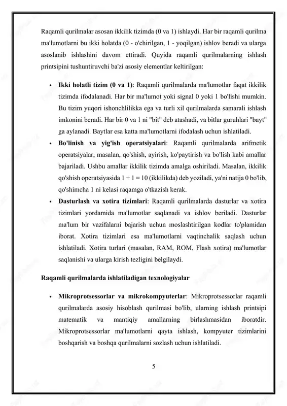 r yordamida sodir bo'ladi. ma'lumotlar ikkilik tizimda uzatiladi va kerakli natijalarga olib keladigan hisoblashlar bajariladi.  mikrokompyuterlar: mikrokompyuterlar – bu mikroprotsessor asosida ishlaydigan tizimlar bo'lib, ular dastur va ma'lumotlarni saqlash, ishlov berish va uzatishda ishlatiladi. mikrokompyuterlar ko'plab qurilmalarda, jumladan, kompyuterlar, mobil telefonlar, sanoat uskunalarida qo'llaniladi. raqamli signalni qayta ishlash texnologiyalari (dsp) raqamli signalni qayta ishlash (digital signal processing, dsp) texnologiyalari signalning ma'lumotlarini raqamli formatda qayta ishlash, uzatish va saqlash uchun ishlatiladi. bu texnologiya asosan audio, video, telekommunikatsiya tizimlarida va ilmiy hisoblashlarda qo'llaniladi.  analogdan raqamli konvertatsiya (adc): adc (analog-to-digital converter) qurilmasi analog signalni raqamli formatga o'tkazish uchun ishlatiladi. masalan, ovoz yoki tasvir signalini raqamli shaklga aylantirish uchun bu texnologiya ishlatiladi. 8  raqamli signalni analogga qaytarish (dac): dac (digital-to-analog converter) esa raqamli signalni analog formatga o'zgartiradi. bu texnologiya masalan, raqamli musiqani analog musiqaga aylantirishda ishlatiladi.  dsp chiplar: raqamli signalni qayta ishlash uchun maxsus chiplar, masalan, texas instruments va analog …