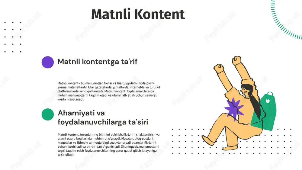 ondashuvlar yangi texnologiyalarni joriy etish orqali raqobatbardoshlikni oshiradi. raqamli media mahsulotlari, masalan, mobil ilovalar va onlayn platformalar, tezkor va keng tarqalgan ma'lumotlar taqdim etadi. o'zbek media bozoridagi misollar o'zbekistonda innovatsion yondashuvlar sifatida, masalan, o'zbekiston milliy telekanallari raqamli platformalarda jonli efir va interaktiv dasturlarni taqdim etmoqda. bu yangiliklar, raqamli media mahsulotlarining afzalliklari sifatida tezkorlik, qulaylik va keng qamrovni taklif etadi. ijtimoiy tarmoqlar va media ijtimoiy tarmoqlar media mahsulotlarga katta ta'sir ko'rsatadi. ular foydalanuvchilar orasida tezkor axborot tarqatish imkonini beradi va yangi media formatlarini yaratishga yordam beradi. ijtimoiy tarmoqlarda kontent yaratish jarayoni foydalanuvchilar tomonidan amalga oshiriladi. ushbu jarayon samarali marketing strategiyalari va interaktiv munosabatlarni o'z ichiga oladi. o'zbekiston ijtimoiy tarmoqlarida media mahsulotlarining roli muhimdir. misol uchun, instagram va telegram kabi platformalarda ko'plab mahalliy media brendlari faoliyat yuritib, keng auditoriyaga yetib boradi. xulosa va takliflar • media mahsulotlarining kelajagi o'zbekiston uchun muhim ahamiyatga ega. ushbu sohada sifatli kontent va auditoriya bilan aloqani yaxshilash …