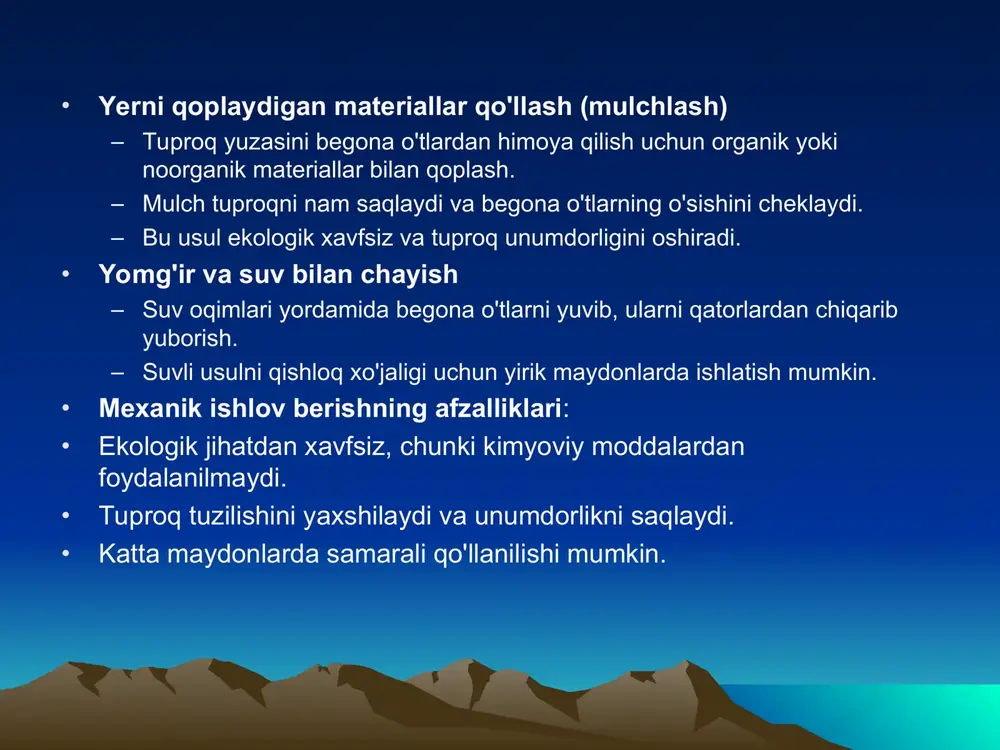 •zararkunandalar va kasalliklarning tarqalishini oldini olish: •mexanik ishlov berish begona o'tlarni mexanik ravishda tozalash orqali, kimyoviy moddalar esa zararkunandalar va kasalliklar bilan kurashishda yordam beradi. bu o'simliklar va tuproqni himoya qiladi. •ekologik xavfsizlik va iqtisodiy samaradorlikni birlashtirish: •mexanik usullar ekologik xavfsiz bo'lsa, kimyoviy usullar tez va samarali natija beradi. birgalikda ishlatish ekologik xavfsizlikni ta'minlab, tezkor natijalar olish imkonini yaratadi. •begona o'tlar qarshiligini kamaytirish: •kimyoviy usullarni uzluksiz ishlatish begona o'tlar qarshiligini oshirishi mumkin, ammo mexanik usullar bilan aralashtirilgan yondashuv bu xavfni kamaytiradi. ekologik ta'sirekologik ta'sir • begona o'tlarga qarshi mexanik va kimyoviy usullarni qo'llashda ekologik ta'sirni hisobga olish juda muhim. har bir usulning o'ziga xos ekologik ta'sirlari bor, va bu ta'sirlar tuproq, o'simliklar, hayvonlar, suv resurslari va umumiy ekosistemaga sezilarli darajada ta'sir ko'rsatishi mumkin. • mexanik usullarning ekologik ta'siri: • tuproqni saqlash: – mexanik ishlov berish tuproqni havalandiradi, uning strukturasini yaxshilaydi va unumdorligini oshiradi. tuproqning tabiiy holatini buzmasdan, begona o'tlarni yo'qotish …