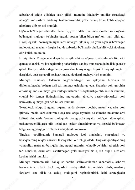 natijalarga erishishga qaratilgan. mojarolarni insonlar o'rtasidagi o'zaro munosabatlarning tabiiy qismi sifatida qabul qilish va uni mohirona boshqarishni o'rganish kuchliroq, mustahkamroq munosabatlar va jamoalarga olib kelishi mumkin. 2. mojarolarni tushunish va samarali boshqarishning ahamiyati. mojarolarni tushunish va samarali boshqarish bir necha sabablarga ko'ra hal qiluvchi ahamiyatga ega: 7 aloqalarni saqlab qolish: agar mojaro hal qilinmasa, munosabatlardagi ishonch, hurmat va yaxshi niyatni buzishi mumkin. mojarolarning asosiy sabablarini tushunish va ularni faol ravishda hal qilish orqali shaxslar shaxsiy, kasbiy yoki jamoat sharoitida o'zlarining shaxslararo aloqalarini saqlab qolishlari va mustahkamlashlari mumkin. kengaytirilgan muloqot qobiliyatlari: nizolarni hal qilish samarali muloqot, faol tinglash va hamdardlikni talab qiladi. mojarolarni hal qilish uchun konstruktiv muloqotga kirishish nafaqat mojarolarni boshqarish, balki hayotning barcha jabhalarida sog'lom munosabatlar va samarali hamkorlikni rivojlantirish uchun qimmatli bo'lgan ushbu ko'nikmalarni rivojlantiradi. tashkiliy samaradorlikni rag'batlantirish: tashkiliy kontekstda hal qilinmagan nizolar mahsuldorlikka to'sqinlik qilishi, jamoaviy ishiga to'sqinlik qilishi va zaharli ish muhitini yaratishi mumkin. nizolarni samarali …
