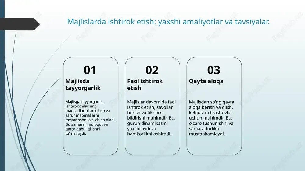 asosiy tamoyillari. 1 qaror qabul qilish jarayoni qaror qabul qilish jarayoni, ma'lumotlarni to'plash, tahlil qilish va muqobil variantlarni ko'rib chiqish orqali amalga oshiriladi. har bir bosqichda qatnashchilar o'z fikrlarini bildirishi muhimdir. 2 ma'lumotlar tahlili qaror qabul qilishda ma'lumotlarni tahlil qilish juda muhimdir. bu jarayonda statistik ma'lumotlar va tadqiqotlar yordamida qarorlar asoslanadi va yanada aniqroq bo'ladi. 3 qatnashchilar roli qaror qabul qilish jarayonida qatnashchilarning o'rni muhimdir. ular o'z fikrlarini bildirish orqali jarayonni boyitadi va qarorlarning sifatini oshiradi. umumiy majlislarda qaror qabul qilishning usullari. umumiy qarorlar umumiy majlislarda qarorlar odatda konsensus asosida qabul qilinadi, bu ishtirokchilarning fikrlarini birlashtirishga va qarorlarni ko'proq qabul qilishga yordam beradi. ovoz berish jarayoni ovoz berish jarayoni, majlisda qabul qilinadigan qarorlarni aniqlash uchun foydalaniladi. ushbu usul, demokrasiyani ta'minlab, har bir ishtirokchining fikrini hisobga olish imkonini beradi. muhokama va tahlil qaror qabul qilish jarayonida muhokama va tahlil muhimdir. bu, ishtirokchilarga turli nuqtai nazarlarni ko'rib chiqish va eng yaxshi yechimlarni …