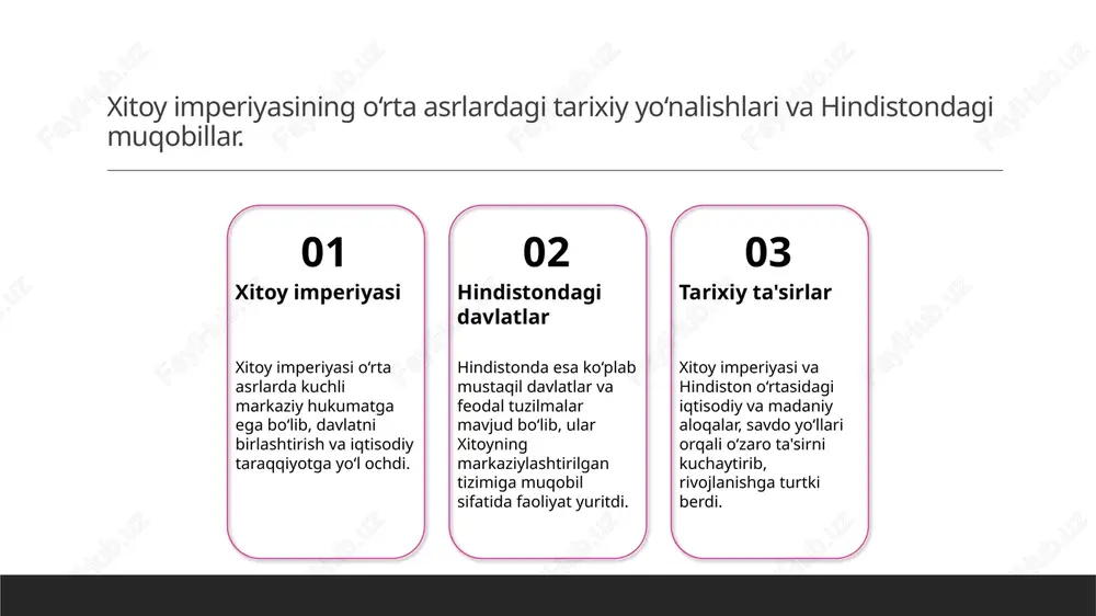 i. bu jarayonlar kuchli hukmdorlik tizimiga olib keldi. hukmdorlar va vasallar feodal tizimda, hukmdorlar va vasallar o‘rtasidagi munosabatlar muhim rol o‘ynadi. vasallar hukmdorlardan himoya va yer oldilar, shu bilan birga, ularga sadoqat ko‘rsatishlari shart edi. ijtimoiy ta'sirlar feodalizm, hindiston va xitoyda ijtimoiy hayotni shakllantirdi. bu tizim ijtimoiy harakatlarni cheklab, mahalliy urf-odatlar va an’analarning rivojlanishiga ta'sir etdi. savdo yo‘llari va iqtisodiy aloqalar: asiya iqtisodiyotidagi rol. savdo yo‘llarining ahamiyati o‘rta asrlarda savdo yo‘llari, masalan, ipak yo‘li, hindiston va xitoy o‘rtasidagi iqtisodiy aloqalarni kuchaytirdi, madaniyat va mahsulotlar almashuvini ta’minladi. iqtisodiy aloqalar hindiston va xitoy o‘rtasidagi iqtisodiy aloqalar, qimmatbaho tovarlar, masalan, ipak, ziravorlar va qimmatbaho toshlar savdosiga asoslangan bo‘lib, boylik va madaniy o‘zaro ta’sirni keltirdi. savdo markazlari o‘rta asrlarda buxoro, samarkand va dunhuang kabi savdo markazlari, iqtisodiy va madaniy almashuvlarning markazlari hisoblanib, ko‘plab savdogarlarni jalb etdi. ta'sir va taraqqiyot savdo yo‘llari va iqtisodiy aloqalar natijasida hindiston va xitoyda dastlabki iqtisodiy inqiloblar yuz berdi, bu …