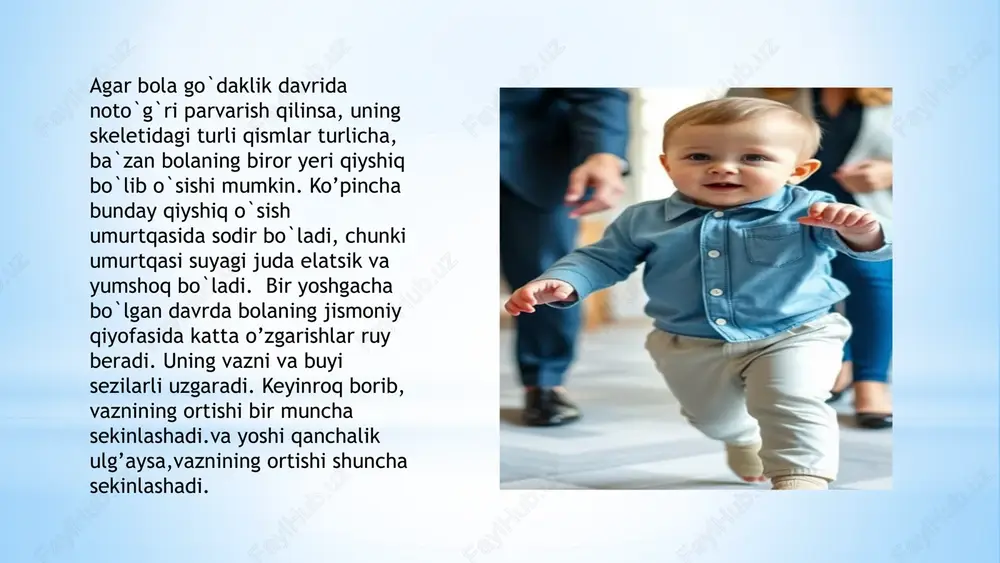 bilimlar jismoniy tarbiya tizimi, uning rivojlanish tarixi va metodlari haqida ma'lumot berish amaliy ko'nikmalar turli jismoniy mashqlarni bajarish, sport turlari bo'yicha malakalarni shakllantirish jismoniy sifatlar kuch, tezkorlik, chidamlilik, egiluvchanlik va chaqqonlikni rivojlantirish 12 "ilk qadam" tayanch dasturi "ilk qadam" tayanch dasturi o'zbekiston respublikasining "ta'lim to'g'risida"gi qonuni, kadrlar tayyorlash milliy dasturi va maktabgacha ta'lim konsepsiyasi asosida ishlab chiqilgan. dasturning maqsadi - maktabgacha yoshdagi bolalarni jismonan sog'lom, aqlan va ma'nan yetuk, ijtimoiy moslashuvchan, mustaqil va ongli yashaydigan shaxslar etib tarbiyalashdir. dastur bolalarning rivojlanishini yosh bosqichlari bo'yicha taqsimlaydi va har bir bosqich uchun rivojlanish ko'rsatkichlarini belgilaydi. yosh bosqichi yosh oralig'i go'daklik 1 yoshgacha ilk yosh 1-3 yosh kichik yosh 3-4 yosh o'rta yosh 4-5 yosh katta yosh 5-6 yosh maktabga tayyorlov 6-7 yosh 13 jismoniy rivojlanish va o'z-o'ziga xizmat yo'nalishi "ilk qadam" dasturining "jismoniy rivojlanish va o'z-o'ziga xizmat" yo'nalishi bolalarning jismoniy rivojlanishini ta'minlashga qaratilgan. bu yo'nalish doirasida bolalarga asosiy harakat turlari (yurish, yugurish, …