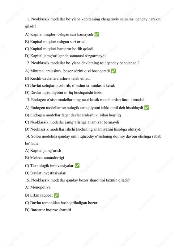 ish modellari nima? solou modeli qanday ishlaydi? iqtisodiy o‘sishda texnologiyaning muhimligi keyns ta’limoti va neoklassik model farqi neoklassik modellar qanday asosiy omillarga tayanadi? kapital va mehnat iqtisodiy o‘sishga ta’siri “steady-state” tushunchasi konvergensiya gipotezasi nimani anglatadi? rivojlanayotgan mamlakatlar ham o‘sishi mumkin solou modelining cheklovlari neoklassik modellarda davlat roli qanday baholanadi? bozor iqtisodiyoti samarali resurs taqsimlaydi neoklassik modelda jamg‘arishning roli innovatsiyalar va iqtisodiy o‘sish o‘rtasidagi bog‘liqlik texnologik taraqqiyot uzoq muddatli o‘sish uchun muhim endogen va neoklassik modellar farqi iqtisodiy o‘sishga ta’sir qiluvchi eng muhim omillar nimalar? innovatsiyalar investitsiyalarning samaradorligini oshiradi 9. slayd tayyorlash; worda qilishni iloji bulmagani uchun alohida powepointda tayyorladim 10. krassvord tayyorlash. qo‘llanma:  gorizontal  solou - eng mashhur neoklassik iqtisodiy o‘sish modeli.  kapital - ishlab chiqarishning asosiy omillaridan biri.  effekt - ishlab chiqarish omillari orasidagi ta’sir tushunchasi.  texnologiya - solou modelida uzoq muddatli iqtisodiy o‘sishga ta’sir qiluvchi muhim omil.  jamg‘arish - kapital jamg‘arish me’yorini …