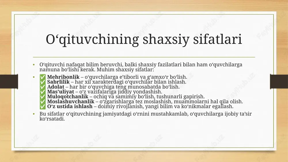 lar bilan fikr almashish va jamoaviy loyihalarda qatnashish. kasbiy kompetensiyani oshirish ta’lim sifati va o‘qituvchining muvaffaqiyatiga bevosita ta’sir qiladi. shaxsiy o‘sish strategiyalari shaxsiy o‘sish – bu insonning doimiy ravishda o‘zini rivojlantirish jarayoni bo‘lib, quyidagi strategiyalar samarali hisoblanadi: 🔹 maqsad qo‘yish – aniq va erishish mumkin bo‘lgan maqsadlarni belgilash. 🔹 vaqtni boshqarish – samarali rejalashtirish va ustuvorliklarni belgilash. 🔹 o‘qish va o‘rganish – kitoblar, kurslar, treninglar orqali bilimlarni kengaytirish. 🔹 tajriba orttirish – yangi qiyinchiliklarga duch kelish va ulardan saboq olish. 🔹 muloqot va hamkorlik – atrofdagi insonlar bilan fikr almashish va tarmoq yaratish. 🔹 sog‘lom turmush tarzi – jismoniy va ruhiy sog‘liqni mustahkamlash. 🔹 o‘z-o‘zini baholash – muvaffaqiyat va kamchiliklarni tahlil qilib, xulosa chiqarish. shaxsiy o‘sish strategiyalarini qo‘llash o‘qituvchining hayotiy va kasbiy muvaffaqiyatiga xizmat qiladi. o‘qituvchining psixologik barqarorligi psixologik barqarorlik – bu stress va qiyinchiliklarga qaramay, muvozanatni saqlash va samarali ishlash qobiliyati. 🔹 stressga chidamlilik – murakkab vaziyatlarda xotirjamlikni saqlash. …