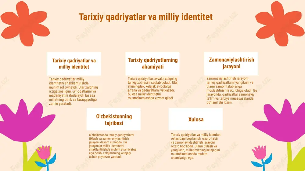 istonda mavjud bo'lgan onlayn ta'lim tizimlari, o'quvchilarga vaqt va joydan qat'iy nazar ta'lim olish imkoniyatini berishi bilan mashhur. ularning samaradorligi ta'lim sifatini oshirishda muhim rol o'ynaydi. o'zbek ta'limidagi amaliyot o'zbekistonda zamonaviy texnologiyalarni qo'llash amaliyoti tobora kengayib bormoqda. yangi metodologiyalar va resurslar o'qituvchilarga va o'quvchilarga yangi imkoniyatlar yaratadi. texnologiyalarning ijobiy ta'siri zamonaviy texnologiyalar o'quv jarayoniga ijobiy ta'sir ko'rsatadi, o'quvchilarning motivatsiyasini oshiradi va o'rganishni qiziqarli qiladi. bu, o'z navbatida, milliy tarbiyaviy qadriyatlarni tiklashga yordam beradi. kelajakdagi istiqbollar zamonaviy pedagogik texnologiyalarni yanada rivojlantirish va ularni milliy qadriyatlar bilan uyg'unlashtirish, ta'lim sifatini oshirish va o'quvchilarning madaniy merosini saqlashda muhim ahamiyatga ega. 01 02 ta'limda innovatsiyalar innovatsion yondashuvlar, jumladan loyiha asosida ta'lim, milliy qadriyatlarimizni tiklash va zamonaviylashtirishda muhim rol o'ynaydi. ushbu metodlar orqali o'quvchilarimiz milliy an'analarga asoslangan loyihalar yaratish va ularga faol ishtirok etish orqali o'z kelajagini shakllantirishadi. tadqiqotlar shuni ko'rsatadiki, innovatsion metodlar o'qitishda samaradorlikni oshiradi va o'quvchilarda milliy madaniyatga bo'lgan qiziqishni kuchaytiradi. bu yondashuvlar …