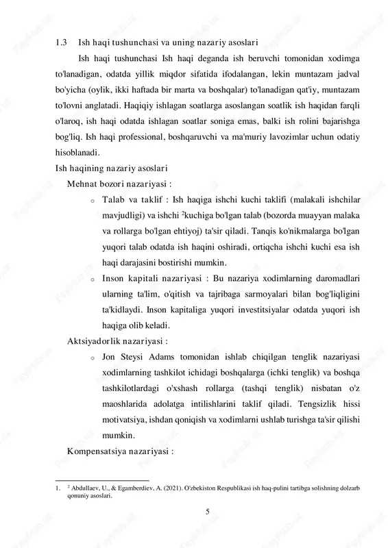 qonuniylik va barqarorlikka erishish uchun ko'pincha o'zlarining ish haqi amaliyotlarini sanoat standartlari, tartibga soluvchi talablar va madaniy kutishlar bilan moslashtiradilar. iqtisodiy nazariyalar : o klassik iqtisodiyot : talab va taklif kuchlari orqali ish haqini aniqlashda erkin bozorlarning roliga e'tibor qaratadi. 7 o keyns iqtisodiyoti : yalpi talab va davlat aralashuvining bandlik va ish haqi darajasiga ta'sirini ta'kidlaydi. bu nazariya shuni ko'rsatadiki, iqtisodiy tanazzul davrida hukumat siyosati bandlik va ish haqi darajasini saqlab qolishga yordam beradi. ish haqi nazariyalarining amaliy qo'llanilishi ishni baholash va ish haqi tuzilmalari : o tashkilotlar ko'pincha turli ishlarning nisbiy qiymatini aniqlash va ratsional ish haqi tuzilmasini o'rnatish uchun ishni baholash usullaridan (masalan, nuqta-omil usuli, ishlarning reytingi) 3foydalanadilar. ish haqi tadqiqotlari va bozor tahlili : o muntazam ravishda ish haqi so'rovlarini o'tkazish tashkilotlarga sanoat standartlari bo'yicha taqqoslash va maoshlarni mos ravishda moslashtirish orqali raqobatbardosh bo'lishga yordam beradi. samaradorlikka asoslangan to'lov : o ish faoliyatini baholashni ish haqi …
