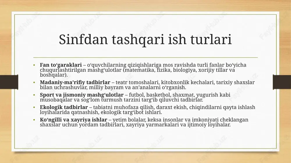 anada samarali qilish. • 👩‍🏫 o‘quvchilar bilan individual ishlash – har bir o‘quvchining qiziqishi, qobiliyati va ehtiyojlarini inobatga olib, ularga mos o‘qitish usullarini qo‘llash. bu o‘quvchilarning motivatsiyasini oshirishga va ularning iqtidorini rivojlantirishga yordam beradi. • 🚀 qiziqarli va innovatsion yondashuvlarni joriy etish – loyihaviy ta’lim, o‘yin texnologiyalari, muammoli ta’lim va tajriba asosida o‘rganish usullarini tatbiq etish orqali sinfdan tashqari ishlarni yanada samarali tashkil etish. bo‘lajak o‘qituvchilar uchun tavsiyalar • 📖 yangi metodlarni o‘rganish va qo‘llash – zamonaviy pedagogik texnologiyalar, interfaol metodlar va innovatsion yondashuvlardan foydalanish. masalan, loyiha asosida ta’lim, gamifikatsiya (o‘yin elementlarini qo‘llash) va muammoli ta’lim usullarini sinfdan tashqari mashg‘ulotlarga joriy etish. • 🎯 o‘quvchilar qiziqishlariga mos tadbirlar tashkil etish – o‘quvchilarning ehtiyoj va qiziqishlarini inobatga olib, ularga yoqadigan, foydali bo‘lgan tadbirlarni ishlab chiqish. masalan, fan to‘garaklari, ijodiy tanlovlar, sport va madaniy tadbirlar orqali o‘quvchilarning faolligini oshirish. • jamoaviy ish ko‘nikmalarini rivojlantirish – sinfdan tashqari tadbirlar orqali o‘quvchilarning jamoada ishlash …