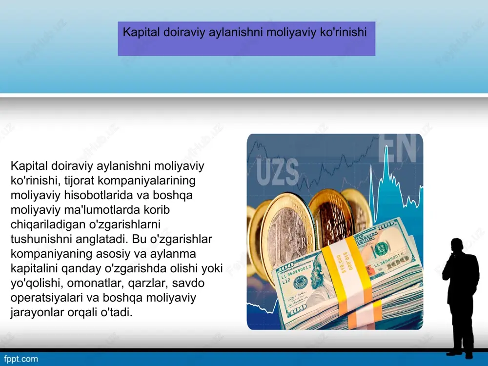 an bog'liq. investitsiyalar o'z navbatida korxonalar va xususiy tadbirkorlar tomonidan amalga oshiriladi. quyidagi jihatlarda o'zgarishlar ko'rish mumkin: kreditlar va qarzlar olish: kapital doiraviy aylanishlar, kompaniyalar uchun kreditlar olish yoki qarzlar olish imkoniyatini ochadi. bu kapitalni o'zlashtirish uchun bir xil usul bo'lib, kompaniyaning operatsiyonlarini davom ettirishni ta'minlaydi. tijorat korxonasi faoliyatini rivojlantirish: kapital doiraviy aylanishlar, tijorat korxonasi faoliyatini rivojlantirishga yordam beringan jarayonlarning boshida keladi. bu esa kompaniyaning daromadini oshirish va ko'proq foyda olish maqsadida bo'ladi. investorlar va aktsiyadorlar bilan moliyaviy munosabatlarni boshqarish: kapital doiraviy aylanishlar kompaniyaning aktsiyadorlar va investorlar bilan moliyaviy munosabatlarni boshqarishda muhim rol o'ynaydi. ular kompaniyaning kapitalini o'zgartirish, dividendlarni hisobga olish va kapitalni boshqarishda so'nggi so'zni o'ylaydilar. kapital doiraviy aylanishlar kompaniyaning moliyaviy strategiyasini oshirish, faolliklarini rivojlantirish va uzluksizlikni ta'minlashda kritik o'rin tutadi. bu o'zlarini eng muhim vazifalardan biri deb hisoblashi mumkin. e’tiboringiz uchun rahmat slide 1 slide 2 slide 3 slide 4 slide 5 slide 6 slide 7 slide 8 …