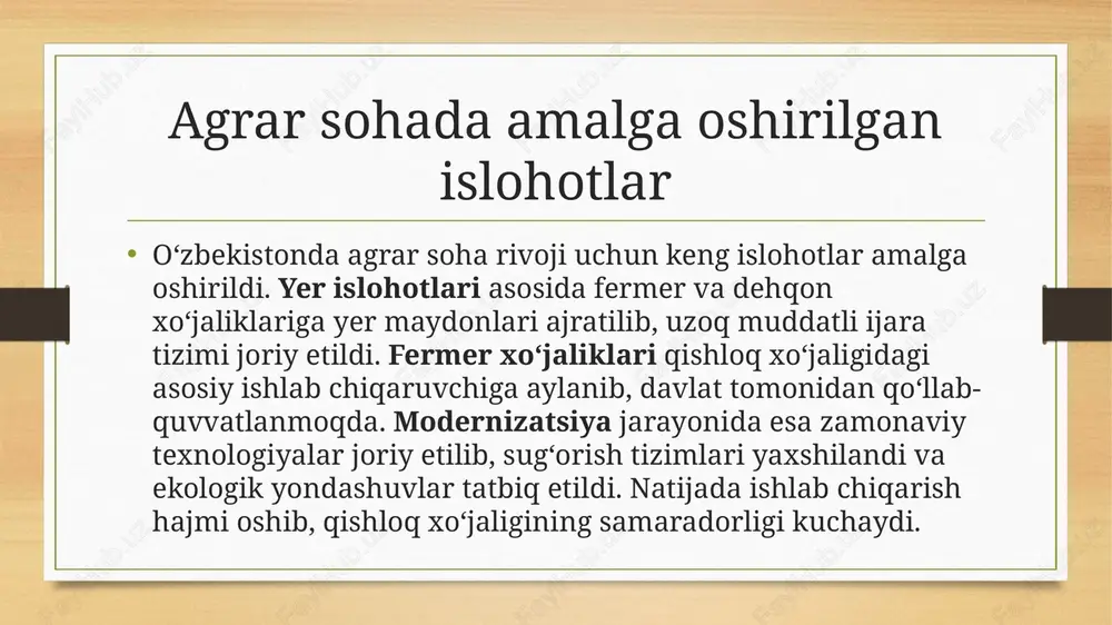 qamlashtirish va aqlli qishloq xo‘jaligi tizimlari orqali fermerlar yer va suv resurslaridan yanada samarali foydalanmoqda. shuningdek, klimatik sharoitga moslashgan qishloq xo‘jaligi usullari ishlab chiqilib, global iqlim o‘zgarishlariga qarshi chora-tadbirlar ko‘rilmoqda. qishloq infratuzilmasini rivojlantirish fermer va dehqon xo‘jaliklarini qo‘llab-quvvatlash maqsadida qishloq infratuzilmasi rivojlantirilmoqda. yo‘llar, elektr ta’minoti va sug‘orish tizimlari yangilanib, ishlab chiqarish jarayonlarini samarali tashkil etish uchun zarur sharoitlar yaratilmoqda. qishloq xo‘jaligi mahsulotlarini saqlash va qayta ishlash markazlari barpo etilib, fermerlarning bozorlarga chiqish imkoniyatlari kengaymoqda. shuningdek, ta’lim va maslahat xizmatlari rivojlantirilib, fermerlarning bilim va ko‘nikmalari oshirilmoqda. bu islohotlar agrar sektorni barqaror rivojlantirishga xizmat qilmoqda. xulosa o‘zbekiston agrar sohasida amalga oshirilgan islohotlar qishloq xo‘jaligining samaradorligini oshirishga, fermer va dehqon xo‘jaliklarini rivojlantirishga xizmat qildi. yer va suv resurslaridan samarali foydalanish, zamonaviy texnologiyalarni joriy etish, subsidiyalar va kreditlarni kengaytirish natijasida agrar sektor barqaror o‘sishga erishdi. shuningdek, ish o‘rinlarining ko‘payishi, qishloq infratuzilmasining rivojlanishi va eksport hajmining oshishi mamlakat iqtisodiyotiga ijobiy ta’sir ko‘rsatdi. kelajakda ekologik toza …