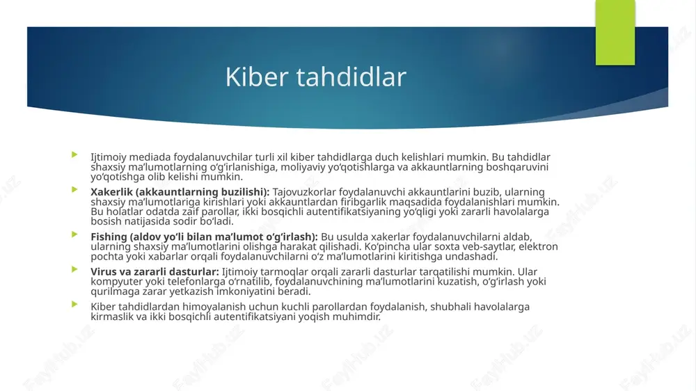 ar  ijtimoiy tarmoqlarda firibgarlar foydalanuvchilarning ishonchidan foydalanib, ularni aldashga harakat qilishadi. onlayn firibgarlik turli shakllarda namoyon bo‘lib, ko‘pincha moliyaviy yo‘qotishlarga sabab bo‘ladi.  pul ishlash va sovg‘a yutish yolg‘onlari: firibgarlar foydalanuvchilarga tez va oson pul ishlash, qimmatbaho sovg‘alar yutib olish yoki investitsiya orqali katta foyda topish imkoniyatlarini va’da qilishi mumkin. ko‘pincha, bunday sxemalar foydalanuvchilardan oldindan to‘lov qilish yoki shaxsiy ma’lumotlarini taqdim etishni talab qiladi. natijada, jabrlanuvchilar na pul, na va’da qilingan mukofotga ega bo‘lishadi.  moliyaviy yo‘qotishlarga olib keluvchi sxemalar: soxta onlayn do‘konlar, piramida tizimlari, yolg‘on xayriya kampaniyalari va boshqa firibgarlik usullari ko‘plab foydalanuvchilarning pulini aldab olishga qaratilgan. firibgarlar ijtimoiy tarmoqlarda ishonchli reklama yoki mashhur shaxslarning soxta akkauntlari orqali odamlarni jalb qilishadi.  onlayn firibgarlik qurboniga aylanmaslik uchun foydalanuvchilar shubhali takliflarga ishonmasliklari, noma’lum manbalardan kelgan havolalarga bosmasliklari va to‘lovlarni faqat ishonchli saytlar orqali amalga oshirishlari kerak. agar shubhali faoliyat sezilsa, huquq-tartibot organlariga yoki platforma administratorlariga xabar berish lozim. deepfake …