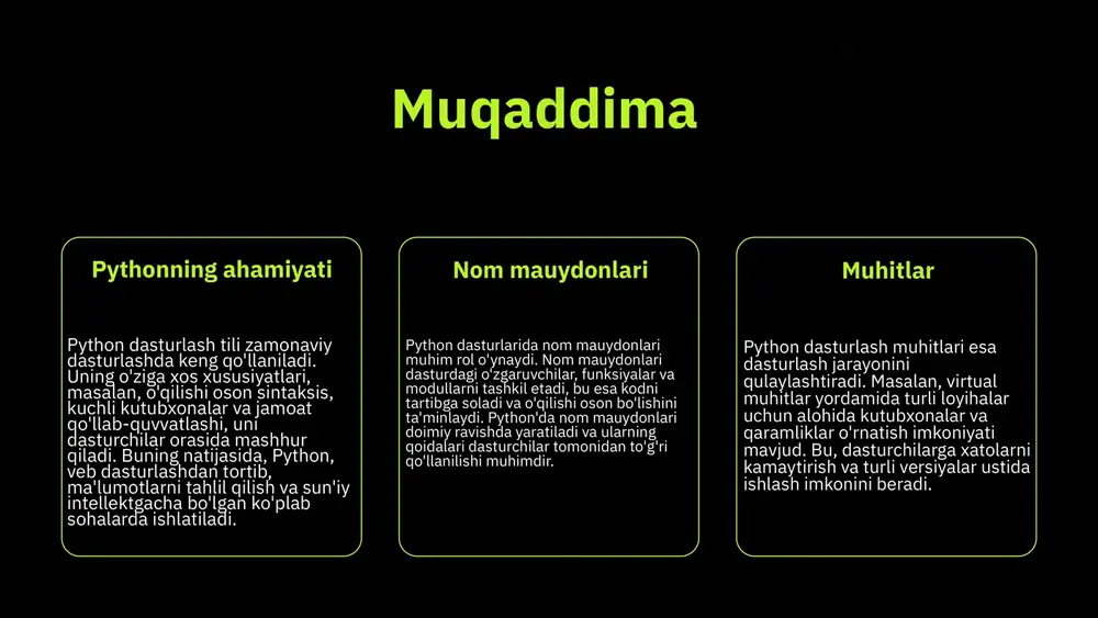 n, mahalliy dasturlash loyihalarida keng qo'llaniladi. u oson sintaksisi va kuchli kutubxonalari bilan dasturchilarga tez va samarali yechimlar yaratishga yordam beradi. masalan, veb-ilovalar, mobil ilovalar va ish jarayonlarini avtomatlashtirishda python juda foydali bo'lishi mumkin. katta ma'lumotlar va mashina o'rganish katta ma'lumotlar va mashina o'rganish sohalarida python juda mashhur. pandas va numpy kabi kutubxonalar yordamida katta ma'lumotlarni tahlil qilish va mashina o'rganish algoritmlarini ishlab chiqish osonlashadi. bu sohada tensorflow va scikit-learn kabi kutubxonalar ham mavjud, ular yordamida murakkab modellar yaratish mumkin. nom mauydonlarining afzalliklari python nom mauydonlari dasturlashda muhim ahamiyatga ega. ular kichik va yirik dasturlarda ma'lumotlarni boshqarish va izchil qoidalarni ta'minlashda yordam beradi. nom mauydonlari orqali dasturlar orasida ma'lumotlar bilan ishlash osonlashadi, bu esa kodning aniq va tartibli bo'lishini ta'minlaydi. shuningdek, o'zgaruvchilarni aniq belgilash orqali xatolarni kamaytirishga yordam beradi, bu esa dastur sifatini oshiradi. misol uchun, katta loyihalarda bir xil nomdagi o'zgaruvchilarni boshqarish osonroq bo'ladi, bu esa dasturchilarga vaqtlari va …