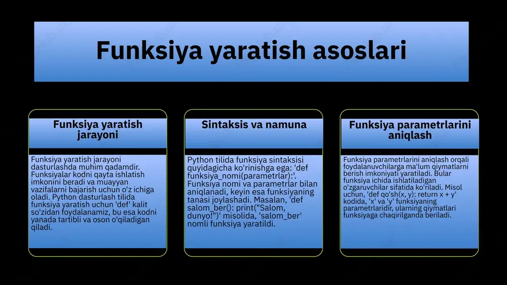 rchiga funksiyani chaqirishda ko'proq moslashuvchanlik beradi. masalan, agar bir funksiyada ixtiyoriy parametrlar bo'lsa, foydalanuvchi ular uchun maxsus qiymatlar kiritishi yoki default qiymatlarni qabul qilishi mumkin. misollar bilan tushuntirish quyidagi misolni ko'rib chiqamiz: def salom(ism='jahon'): print('salom,', ism). agar biz salom() deb chaqirsak, u 'salom, jahon' deb chiqadi. agar ism='ali' deb chaqirsak, u 'salom, ali' deb chiqadi. bu usul, dasturchilarga kodni soddalashtirish va samaradorlikni oshirish imkonini beradi. kalit so'zli parametrlar • kalit so'zli parametrlar - chaqirilganda nomlari orqali beriladigan parametrlar bo'lib, ular tartibini o'zgartirsa ham, dasturda to'g'ri ishlaydi. bu parametrlar, funksiyani chaqirish jarayonida ko'proq moslashuvchanlikni ta'minlaydi. • misol: • def salom(qo'shimcha='salom', ism='dunyo'): • print(qo'shimcha, ism) • salom(ism='ali', qo'shimcha='xush kelibsiz!') • yuqoridagi misolda, parametrlar tartibi o'zgartirilgan bo'lsa ham, to'g'ri natija beradi. • afzalliklari: • - o'qilishi oson: kalit so'zli parametrlar yordamida kodni o'qish va tushunish osonlashadi. • - xatolarga qarshi kuchliroq: tartibga bog'liq bo'lmaganligi sababli, parametrlarni noto'g'ri joyda berish xatolari kamayadi. • - …