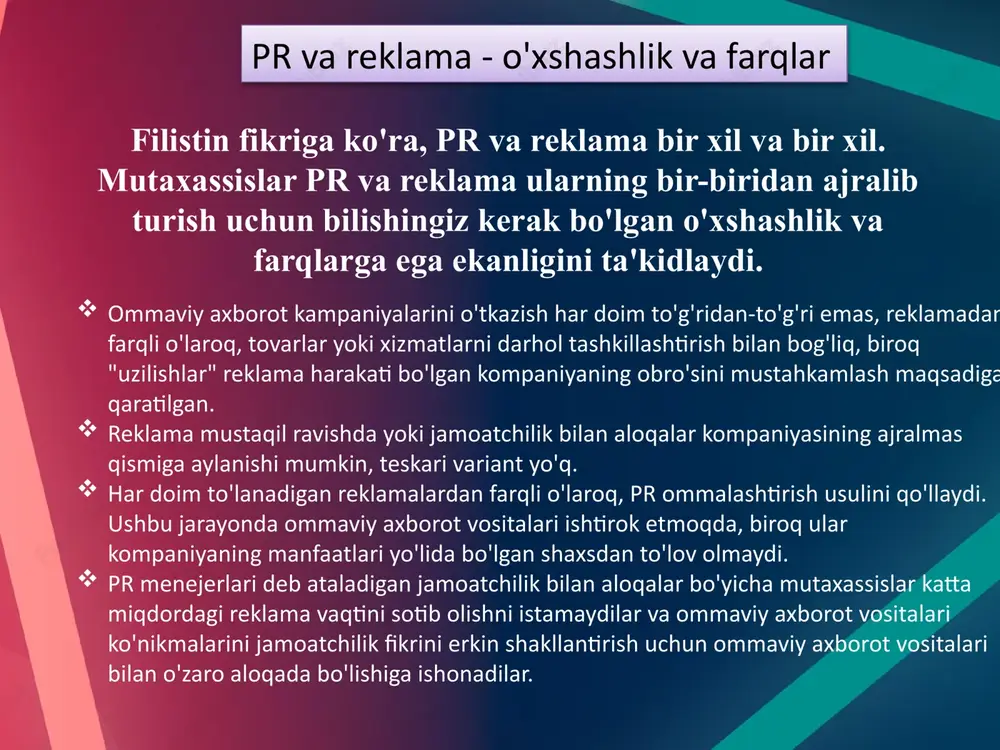 satish;  qonuniy taqiqlarning yo'qligi; foydalanish muddati. iqtisodiyotni rivojlantirish va biznes imkoniyatlarini kengaytirish innovatsion pr texnologiyasini yaratishga imkon berdi, bular pr-kompaniyalarni taqdim etishning boshqa usullari va prezentatsiyalarida muhim o'rin tutdi. prning har xil turlari har xil, umumiy maqsad va maqsadlarga ega, ular prni va uning funktsiyalarini tushunishingiz mumkin: pr jamoatchilik fikriga ta'sir ko'rsatadi, unga ma'lum bir brendning targ'ib qilingan qiymatlari kiritiladi; to'g'ridan-to'g'ri yoki bilvosita ommaviy axborot vositalari orqali hukumatga bosim o'tkazishlari mumkin. sheriklar oldida firma ishonchini va unga bo'lgan ishonchni oshiradi; kompaniya reytingini o'z xodimlari oldida ko'taradi; yuqori daromad keltirib chiqaradi. 1. https://uz.wikipedia.org/wiki/pr 2. https://www.biznesrivoj.uz/articles/pr-nima-u-nima-uchun-kerak-va-qanday-qilib-m uvaffaqiyatli-pr-qilish-mumkin 3. https://uzpedia.uz/pedia/pr 4. https://uniwork.buxdu.uz/resurs/33215_1_3ec0fb0860c12ffbc877201f004593a2 5a45608c.pdf foydalanilgan adabiyotlar https://uz.wikipedia.org/wiki/pr https://uz.wikipedia.org/wiki/pr https://www.biznesrivoj.uz/articles/pr-nima-u-nima-uchun-kerak-va-qanday-qilib-muvaffaqiyatli-pr-qilish-mumkin https://www.biznesrivoj.uz/articles/pr-nima-u-nima-uchun-kerak-va-qanday-qilib-muvaffaqiyatli-pr-qilish-mumkin https://www.biznesrivoj.uz/articles/pr-nima-u-nima-uchun-kerak-va-qanday-qilib-muvaffaqiyatli-pr-qilish-mumkin https://uzpedia.uz/pedia/pr https://uzpedia.uz/pedia/pr https://uniwork.buxdu.uz/resurs/33215_1_3ec0fb0860c12ffbc877201f004593a25a45608c.pdf https://uniwork.buxdu.uz/resurs/33215_1_3ec0fb0860c12ffbc877201f004593a25a45608c.pdf https://uniwork.buxdu.uz/resurs/33215_1_3ec0fb0860c12ffbc877201f004593a25a45608c.pdf e tiboringiz uchun rahmat ’ toshkent davlat iqtisodiyot universiteti mmnp 83 guruh talabas mavzu: pr tadbirlarini asosiy turlari va ularni tahlili slide 3 slide 4 slide 5 slide 6 slide 7 slide 8 slide 9 slide 10