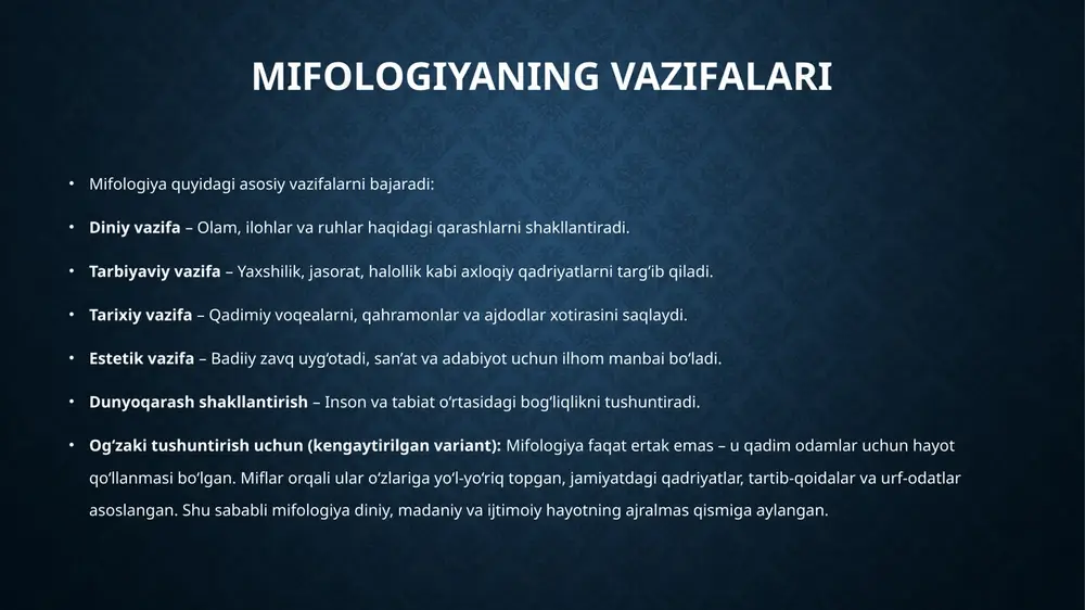zadi. miflarning umumiy xususiyatlari •miflar xalqning qadimiy e’tiqodlari va dunyoqarashini aks ettiradi. •ko‘pincha olamning yaratilishi, tabiat hodisalari va inson hayotining ma’nosi haqida hikoya qiladi. •mif qahramonlari ko‘pincha ilohiy yoki ajdarhosimon kuchlarga ega bo‘ladi. •miflar jamiyatning axloqiy qadriyatlari va urf-odatlarini shakllantiradi. •ular ko‘plab madaniyatlarda og‘zaki ravishda avloddan-avlodga yetkazilgan. •miflar voqealarni ramziy shaklda tushuntiradi va insonlarga dunyoni anglashga yordam beradi. miflarning ahamiyati va roli • miflar xalq madaniyati va tarixining muhim qismidir. • ular xalqning qadriyatlari, e’tiqodlari va dunyoqarashini ifodalaydi. • miflar orqali insonlar hayotning ma’nosini tushunishga harakat qilgan. • madaniyatlararo aloqalarni rivojlantirishda yordam beradi. • adabiyot, san’at va teatrlarga ilhom manbai bo‘lib xizmat qiladi. • hozirgi kunda ham miflar film, kitob va video o‘yinlarda keng qo‘llaniladi. xulosa • dunyo xalqlari miflari insoniyat madaniyati va tarixi uchun juda muhim ahamiyatga ega. har bir xalqning miflari uning hayot tarzini, dunyoqarashini va qadriyatlarini aks ettiradi. miflar orqali odamlar tabiat hodisalari, olam yaratilishi va hayot …