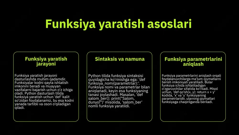 rchiga funksiyani chaqirishda ko'proq moslashuvchanlik beradi. masalan, agar bir funksiyada ixtiyoriy parametrlar bo'lsa, foydalanuvchi ular uchun maxsus qiymatlar kiritishi yoki default qiymatlarni qabul qilishi mumkin. misollar bilan tushuntirish quyidagi misolni ko'rib chiqamiz: def salom(ism='jahon'): print('salom,', ism). agar biz salom() deb chaqirsak, u 'salom, jahon' deb chiqadi. agar ism='ali' deb chaqirsak, u 'salom, ali' deb chiqadi. bu usul, dasturchilarga kodni soddalashtirish va samaradorlikni oshirish imkonini beradi. kalit so'zli parametrlar • kalit so'zli parametrlar - chaqirilganda nomlari orqali beriladigan parametrlar bo'lib, ular tartibini o'zgartirsa ham, dasturda to'g'ri ishlaydi. bu parametrlar, funksiyani chaqirish jarayonida ko'proq moslashuvchanlikni ta'minlaydi. • misol: • def salom(qo'shimcha='salom', ism='dunyo'): • print(qo'shimcha, ism) • salom(ism='ali', qo'shimcha='xush kelibsiz!') • yuqoridagi misolda, parametrlar tartibi o'zgartirilgan bo'lsa ham, to'g'ri natija beradi. • afzalliklari: • - o'qilishi oson: kalit so'zli parametrlar yordamida kodni o'qish va tushunish osonlashadi. • - xatolarga qarshi kuchliroq: tartibga bog'liq bo'lmaganligi sababli, parametrlarni noto'g'ri joyda berish xatolari kamayadi. • - …