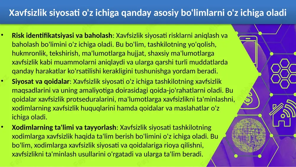 kni oshirish uchun yangi usullarni qo'llab-quvvatlash uchun xavfsizlik siyosatiga amal qo'yishadi. xavfsizlik ko'rsatkichlarini yaxshilash: xavfsizlik siyosati tashkilotning xavfsizlik darajasini oshirishga yordam beradi. tashkilotlar xavfsizlikni baholash, monitoring qilish, xavfsizlik holatini nazorat qilish va xavfsizlikni takomillashtirish uchun kerakli o'zgarishlarni aniqlash uchun bu siyosatdan foydalanishadi. xavfsizlik siyosati muvofiqligi va uni amalga oshirish jarayoni qanday baholangan va monitoring qilinadi baholash va natijalarni tekshirish: xavfsizlik siyosati ommaviy maqsadlarni qo'llab-quvvatlashda ne'matga aylanadi. ommaviy va ichki nazoratlar orqali, xavfsizlik siyosati to'g'ri amalga oshirilishini va uni muvofiqligini baholash uchun baholashlar olib boriladi. bu baholashlar xavfsizlikga oid ko'rsatkichlar (masalan, xavfsizlik darajasi, xavfsizlik voqealarining ko'payishi yoki kamayishi, xavfsizlik bilan bog'liq harajatlar va h.k.)ni qayd etadi. monitoring va tekshirishlar: xavfsizlik siyosati amalga oshirilishini va uni muvofiqligini nazorat qilish uchun monitoring va tekshirishlar olib boriladi. bu monitoring jarayonlari xavfsizlik hodisalarini, xavfsizlik tizimlarini va xavfsizlikni ta'minlash usullarini tekshirishni, xavfsizlikni oshirish va muhofaza qilishga doir takomillashtirishlarni identifikatsiya qilishga yordam beradi. regular ravishda hisobotlar: xavfsizlik …