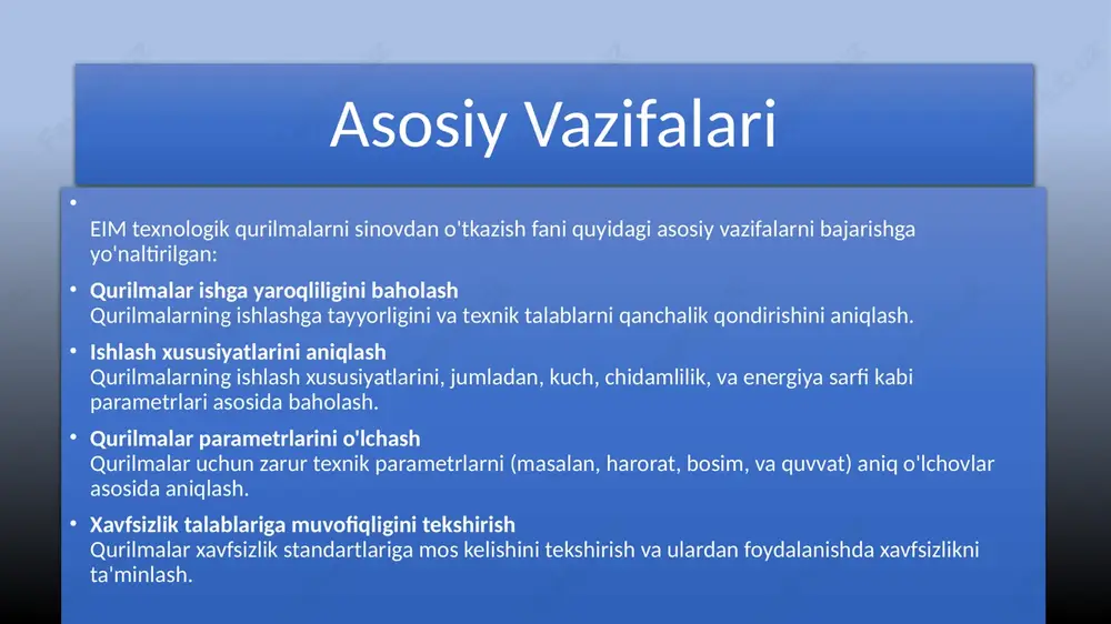 natijalari haqida batafsil hisobot yozish. hisobotda sinov metodlari, olingan natijalar, va ular bo'yicha xulosalar o'z aksini topadi. natijalarni tahlil qilish va kelajakda ishlatish uchun takliflar ishlab chiqish sinov natijalarini chuqur tahlil qilib, qurilmalarning imkoniyatlarini yaxshilash yoki yangi dizayn takliflari ishlab chiqish. bu kelajakdagi sinovlar va ishlab chiqarish jarayonini optimallashtirish uchun muhim qadamdir. ilmiy ahamiyati: qurilmalarni sinovdan o'tkazish ilmiy tadqiqotlar va yangi texnologiyalarni ishlab chiqishda asosiy rol o'ynaydi. sinov jarayonlari qurilmalarning samaradorligini, xavfsizligini va ishlash muddatini aniqlashga yordam beradi, bu esa ilmiy izlanishlar va yangiliklarni rivojlantirishga imkon yaratadi. amaliy ahamiyati: texnologik qurilmalarni sinovdan o'tkazish amaliy jihatdan ularning ishlab chiqarish jarayonida samarali ishlashini ta'minlaydi. bu jarayonlar orqali qurilmalar xavfsiz, ishonchli va yuqori sifatli bo'lishi kerak, bu esa iqtisodiyotning turli sohalarida unumdorlikni oshiradi. qurilmalarni sinovdan o'tkazishning ilmiy va amaliy ahamiyati: sinov metodlarini takomillashtirish: kelajakda sinov metodlarini yanada innovatsion va samarali qilish uchun yangi texnologiyalarni joriy etish zarur. avtomatlashtirilgan va kompyuterlashtirilgan tizimlar yordamida sinov …