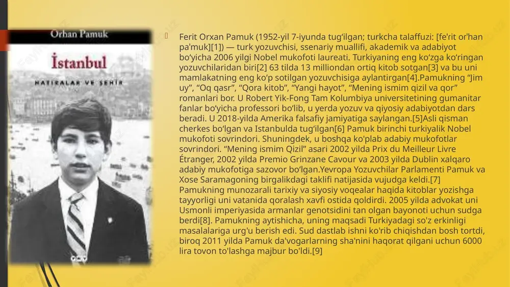 ning ob'ektivi orqali qarash imkonini beradi. asarning asosiy g‘oyasi badiiy asarda mavjud obraz turlari  "istanbul: xotiralar va shahar" asarida pamuk shaharning mohiyatini va undagi shaxsiy tajribalarini uyg'otish uchun turli xil tasvirlardan foydalanadi:  vizual tasvirlar : pamuk istanbul ko'chalari, mahallalari va diqqatga sazovor joylarining yorqin rasmlarini chizib, o'quvchilarga shaharning jismoniy manzarasini tasavvur qilish imkonini beradi. u istanbulning diqqatga sazovor joylari, ranglari va to'qimalarini boy tafsilotlar bilan tasvirlab, uning ko'chalari va binolarini jonlantiradi.  sensor tasvirlar : sensor tasvirlar orqali pamuk o'quvchining his- tuyg'ulariga murojaat qiladi, istanbul atmosferasini uyg'otadigan tovushlar, hidlar, ta'mlar va to'qimalarning tavsiflarini beradi. u shaharning shov-shuvli tovushlarini, ko'cha taomlarining xushbo'yligini va uning gavjum bozorlaridagi tuyg'uni o'z ichiga oladi va o'quvchi uchun multisensorli tajriba yaratadi.  hissiy tasvirlar : pamukning yozuvi istanbul bilan bog'liq his-tuyg'ularni va kayfiyatlarni aks ettiruvchi hissiy tasvirlar bilan to'ldirilgan. u shaharning o‘tmishiga bo‘lgan sog‘inch, g‘amginlik va sog‘inch tuyg‘ularini uyg‘otadi, quvonch, hayrat va qo‘rquv lahzalarini …