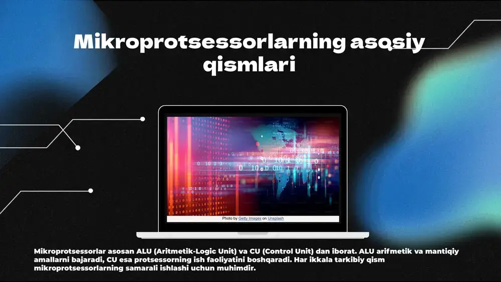 plash.com/photos/macbook-pro-on-white-table-fots3ntrois?utm_source=ai_slide_maker&utm_medium=referral digital signal processor (dsp) dsp haqida umumiy ma'lumot digital signal processor (dsp) - bu raqamli signalni qayta ishlashga mo'ljallangan mikroprotsessor. u raqamli signallarni analitik ko'rinishda tez va samarali ishlov berish imkonini beradi. ishlash prinsipi dsp mikroprotsessorlari raqamli signallarni qabul qilib, ularni matematik operatsiyalar orqali qayta ishlaydi. bu jarayonda yuqori tezlikda hisoblash imkoniyatlari va maxsus algoritmlardan foydalaniladi. qo'llanilish sohalari dsp mikroprotsessorlari telekommunikatsiya, audio va video qayta ishlash, tibbiyot uskunalari va avtomatik boshqarish tizimlarida keng qo'llaniladi. misollar masalan, audio signalini yaxshilash uchun dsp texnologiyasi akustik muammolarni bartaraf etish va ovoz sifatini oshirishda ishlatiladi. field-programmable gate array (fpga) fpga mikroprotsessorlari fpga mikroprotsessorlari dasturlash va moslashuvchanlikda keng imkoniyatlar taqdim etadi. ular foydalanuvchilarga o'z dizaynlarini ishlab chiqish va o'zgartirish imkonini beradi, bu esa turli xil ilovalar uchun moslashuvchan echimlar yaratishga yordam beradi. dasturlash va moslashuvchanlik fpgalar dasturlash uchun maxsus dasturlar orqali konfiguratsiya qilinadi. bu jarayon foydalanuvchilarga o'z ehtiyojlariga mos keladigan maxsus funktsiyalarni yaratish imkonini …
