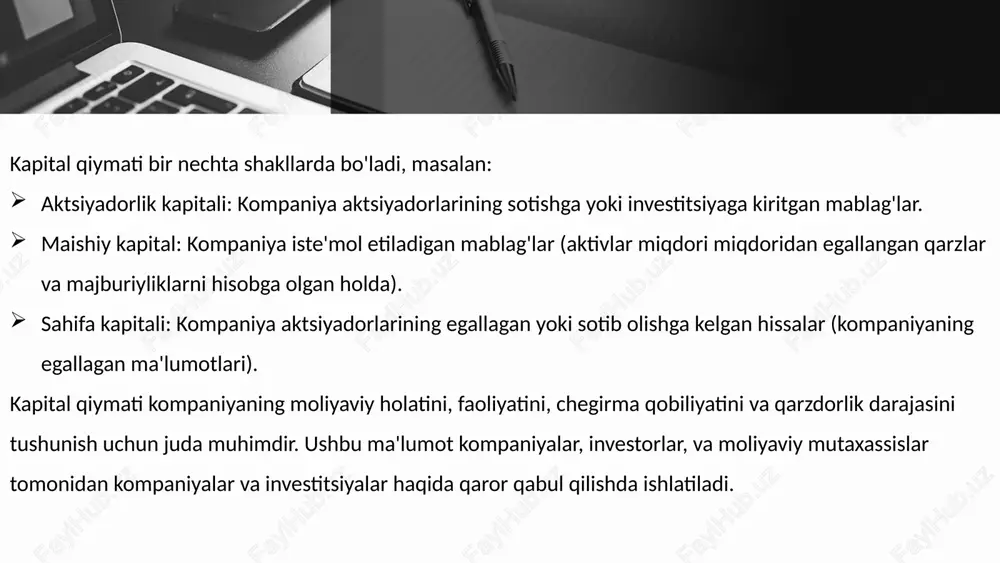 dir. xulosa kapital qiymati va leveraj moliyaviy so'rovnoma va kompaniya faoliyatining muhim ko'rsatkichlari hisoblanadi. kapital qiymati kompaniyaning moliyaviy imkoniyatlarini, aktivlarini sotib olish imkoniyatlarini o'rganish va moliyaviy holatini baholashda muhimdir. ushbu ko'rsatkich, kompaniyaning iste'molchi kapitalining o'sishini, investitsiya imkoniyatlarini aniqlashda yordam beradi. leveraj esa moliyaviy operatsiyalarda o'z sermayangizdan ko'proq mablag'ni olish imkonini ta'minlaydi. leveraj mablag'larni daromad olish va kompaniyaning faoliyatini kengaytirishda foydalaniladi. bu qo'llanma daromadlarni oshirish, investitsiya imkoniyatlarini kengaytirish va kompaniyaning moliyaviy rivojlanishini yengillashtirish uchun muhimdir. kapital qiymati kompaniyaning iste'molchi kapitalini, moliyaviy xususiyatlarini oshirishda katta roli o'ynaydi. ular bilan birga, leveraj esa moliyaviy rivojlanish va operatsiyalarni kengaytirishda muhim qo'llanma sifatida ishlaydi. foydalanilgan adabiyotlar 1. https://lex.uz/uz/docs/-2699536?ondate=11.01.2022 2. https://uz.wikipedia.org/wiki/kapital_bozori 3. https://cbu.uz/upload/medialibrary/307/m4syq4i0mjsg28aitgvmc0325cfw7 mk2/2022_yil-uchun-moliyaviy-barqarorlik-sharhi.pdf 4. https://uniwork.buxdu.uz/resurs/12594_2_f73689ee6175cbcb594f6beabc 06d737e9ca1955.pdf 5. https://uniwork.buxdu.uz/resurs/12594_2_f73689ee6175cbcb594f6beabc 06d737e9ca1955.pdf https://lex.uz/uz/docs/-2699536?ondate=11.01.2022 https://lex.uz/uz/docs/-2699536?ondate=11.01.2022 https://uz.wikipedia.org/wiki/kapital_bozori https://uz.wikipedia.org/wiki/kapital_bozori https://cbu.uz/upload/medialibrary/307/m4syq4i0mjsg28aitgvmc0325cfw7mk2/2022_yil-uchun-moliyaviy-barqarorlik-sharhi.pdf https://cbu.uz/upload/medialibrary/307/m4syq4i0mjsg28aitgvmc0325cfw7mk2/2022_yil-uchun-moliyaviy-barqarorlik-sharhi.pdf https://cbu.uz/upload/medialibrary/307/m4syq4i0mjsg28aitgvmc0325cfw7mk2/2022_yil-uchun-moliyaviy-barqarorlik-sharhi.pdf https://uniwork.buxdu.uz/resurs/12594_2_f7