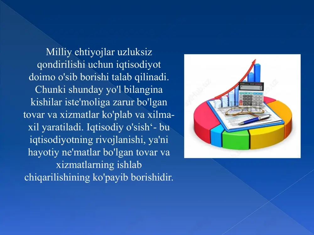 birligida yaratilgan tovar va xizmatlar ko'payadi. ishlab chiqarish investitsiyasi — bu ishlab chiqarishni kengaytirish uchun yuborilgan moddiy va pul mablag'laridir. iqtisodiy o'sishinvestitsiya miqdoriga to'g'ri mutanosiblikda bo'ladi. biroq bu investitsiya yangi texnologiyalarga va kerakli sohalarga yuborilganda yuz beradi. investitsiya kapitalning jamg'ari- lishini bildiradi va bu yalm muayyan qismini qaytadan ish-lab chiqarishga joylashtirilganda yuz beradi. investitsiyaning yalm dagi hissasi investitsiya normasi deb ataladi. moddiy kapitalga investitsiya — bu ishtab chiqarish-ning moddiy omillarini ko'paytirish va takomillashtirishga yuboriladi. inson kapitaliga investitsiya, bu kishilarning bilim darajasi va mehnat malakasini oshirishga, sog'lig'ini ta'minlashga yuboriladi. investitsiya cheksiz oshib borishi mumkin emas, chunki buning o’z chegarasi bor va bu mamlakatning iqtisodiy salohiyatiga qarab har xil bo'ladi. investitsiyalar miqdori va tarkibi ta'lim darajasi. iqtisodiy o'sish yuz berishi uchun moddiy va inson kapitalining mukammalligi bir-biriga mos bo'lishi talab qilinadi. buning uchun ishlab chiqarishning texnologik darajasiga ish kuchining sifati mos tushishi kerak, aks holda yangi texnologiyadan unumli foydalanib bo'lmaydi. shu o'rinda …