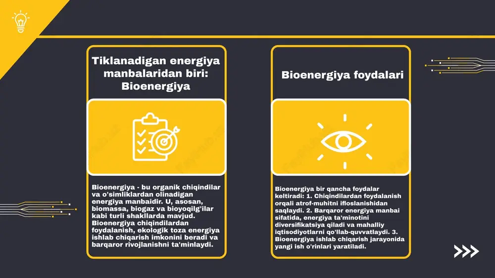 exnologik yangiliklar yangi energiya texnologiyalari, masalan, quyosh panellari va shamol turbinalari, energiya samaradorligini oshirishda muhim rol o'ynaydi. ular energiya iste'molini kamaytirish va tabiiy resurslardan maksimal darajada foydalanish imkonini beradi. quyosh panellari energiyani quyoshdan to'plab, uni elektr energiyasiga aylantiradi. shamol turbinalari esa havoning harakatidan elektr energiyasi ishlab chiqaradi. ushbu texnologiyalar, qayta tiklanadigan energiya manbalarini rivojlantirishda muhim ahamiyatga ega. iqtisodiy jihatdan, energiya samaradorligini oshirish investitsiyalarni jalb etadi, ish o'rinlari yaratadi va energiya xarajatlarini kamaytiradi. bu esa, o'z navbatida, iqtisodiy o'sishni qo'llab-quvvatlaydi. shuningdek, energiya samaradorligini oshirish orqali iqtisodiy raqobatbardoshlik ko'tariladi. energiya samaradorligini oshirish ijtimoiy hayotga ijobiy ta'sir ko'rsatadi. bunga energiya xarajatlarini kamaytirish, ekologik muammolarni hal qilish va aholi salomatligini yaxshilash kiradi. bu jarayon jamiyatda energiya resurslaridan oqilona foydalanishni rag'batlantiradi, natijada iqtisodiy barqarorlikni ta'minlaydi. ijtimoiy ta'sirlar iqtisodiy ta'sirlar tashqi muhitning ta'siri tashqi muhit omillari energiya samaradorligini oshirishda muhim rol o'ynaydi. qonunlar va siyosat, masalan, qayta tiklanadigan energiya manbalarini qo'llab-quvvatlovchi dasturlarni yaratadi. global tendensiyalar, xususan, …