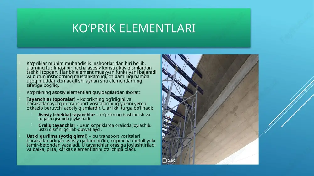 yordamida inshootdan tashqariga chiqariladi, bu esa materiallarning chirishi va buzilishini kamaytiradi. har ikkala tizim ham koʻprik va estakadalarning uzoq muddat xizmat qilishida muhim ahamiyatga ega. qurilishda ishlatiladigan materiallar koʻpriklar, yoʻl oʻtkazgichlar va estakadalarda quyidagi asosiy materiallardan foydalaniladi: temir-beton — mustahkam va chidamli, eng ko‘p ishlatiladigan material. poʻlat — egiluvchan va yengil, baland yuklarga chidaydi. yogʻoch — kamdan-kam ishlatiladi, asosan vaqtinchalik inshootlarda qo‘llaniladi. zamonaviy kompozit materiallar — mustahkamlovchi tolali betonlar va boshqa yangi texnologiyalar. material tanlashda mustahkamlik, chidamlilik va iqtisodiy samaradorlik hisobga olinadi. tayanch turlari tayanchlar — ko‘prik, yo‘l o‘tkazgich va estakada kabi inshootlarning asosiy yuk ko‘taruvchi qismlaridir. ular ustki qurilma og‘irligini yerga o‘tkazib, inshootning barqarorligini ta’minlaydi. tayanchlar ikki asosiy turga bo‘linadi: asosiy (chekka) tayanchlar: inshootning ikki uchida joylashadi va ustki qismlarni qo‘llab turadi. oraliq tayanchlar: uzun inshootlarda orasida joylashadi va yukni bir nechta nuqtaga taqsimlaydi. tayanchlar quyidagi shakllarda bo‘lishi mumkin: tosh yoki beton blokli monolit temir-betonli metall karkasli burg‘ilab o‘rnatilgan …