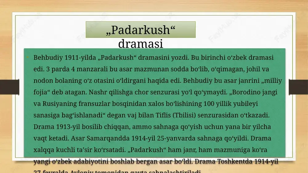 ta'sir markaziy mavzudir. • xulosa qilib aytganda, zamonaviy adabiyot m.behbudiy kabi siymolar ijodi orqali jamiyat evolyutsiyasini ham aks ettirish, ham ta’sir qilish qobiliyatini ochib beradi. muhim masalalar bilan shug'ullanib, intellektual va madaniy o'sishni rag'batlantirish orqali zamonaviy adabiyot insoniyat tajribasining ajralmas qismi bo'lib qolmoqda, doimiy fikrlash, muloqot va taraqqiyotni rag'batlantiradi. foydalanilgan adabiyotlar 1. egamqulova, nodira „behbudiya kutubxonasi: 114 yil avval samarqandda ochilgan, kuniga 14 soatlab ishlagan va… qarovsiz qolib yopilgan“. qaraldi: 23-sentabr 2023-yil. 2. abdurashidov, z. ismail gasprinskiy i turkestan v nachale xx veka: svyazi-otnosheniya-vliyanie. toshkent: akademnashr, 2011 — 267 bet. 3. „mahmudxoʻja behbudiy“. qaraldi: 23-sentabr 2023-yil. 4. paolo sartori, devin deweese, jeff eden, moving beyond modernism: rethinking cultural change in muslim eurasia (19th-20th centuries) //journal of the economic and social history of the orient 59 (2016) 1-36 s.23 5. bexbudi maxmud xodja 6. arxiv nusxasi, 2020-01-30da asl nusxadan arxivlandi, qaraldi: 2020-09-30 7. https://uz.sputniknews.ru/culture/20200709/14508377/v-bukhare- zavershayutsya-semki-filma-o-makhmudkhodzhe-bekhbudiy.html jadid adabiyoti: m. behbudiy reja slide …