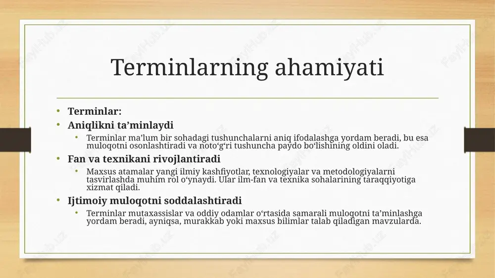 iq va to‘g‘ri muloqot uchun zarurdir. yangi terminlarning paydo bo‘lishi, ularning rasmiylashtirilishi va o‘zaro tushunish jarayonida qo‘llanilishi, ilmiy sohalarning rivojlanishiga xizmat qiladi. shu bilan birga, terminologiyaning shakllanishida turli muammolar ham mavjud. xorijiy terminlarning ko‘pligi, sinonimlarning mavjudligi va yagona standartlarning yo‘qligi soha mutaxassislari uchun qiyinchiliklar tug‘diradi. biroq, terminologiyaning yaxlitlashuvi va yagona terminlar bazasini yaratish, bu muammolarni hal qilishga yordam beradi. kelajakda ilmiy va ta’lim sohalarida terminologiyaning yagona tizimi va aniq, tushunarli atamalarni yaratish uchun izlanishlar davom etishi zarur. foydalanilgan adabiyotlar karimov, i.a. (2001). o‘zbek tilining lug‘at boyligi va terminologiyasi. toshkent: fan. islommuhammedov, m. (2014). terminologiya va uning ta’limdagi o‘rni. toshkent: o‘zbekiston davlat pedagogika universiteti. davronov, m. (2012). ilmiy va texnik terminologiya: nazariya va amaliyot. toshkent: o‘zbekiston milliy universiteti. shukurov, a. (2008). lug‘atshunoslik va terminologiya. toshkent: adabiyot. rahmonov, s. (2016). o‘zbek tilida xalqaro terminlar va ularning qo‘llanilishi. toshkent: o‘zbekistan. tursunov, x. (2010). ilmiy terminlarning tilga ta’siri. toshkent: akademnashr. jalilov, f. (2019). so‘z …