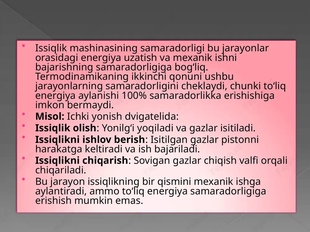 aradorligini oshirish  issiqlik mashinasining samaradorligini oshirish uchun bir nechta yo‘llar mavjud:  issiq va sovuq manbalar orasidagi harorat farqini oshirish: agar issiq manbaning harorati yuqori va sovuq manbaning harorati past bo‘lsa, mashina samaradorligi ortadi.  energiya yo‘qotishlarini kamaytirish: mashinada issiqlik va mexanik yo‘qotishlarni kamaytirish uchun izolyatsiya va materiallardan foydalanish.  qayta tiklash tizimlari: issiqlikni qayta tiklash tizimlari yordamida chiqindilarni minimallashtirish va samaradorlikni oshirish. issiqlik mashinasining samaradorligini hisoblash  agar issiqlik mashinasi issiq manbadan 3000 j issiqlik olishsa va sovuq manbaga 1000 j issiqlik uzatilsa, mashinaning samaradorligi quyidagicha hisoblanadi:  bu shuni anglatadiki, mashina olingan issiqlikning 67% ini mexanik ishga aylantirgan, qolgan qismi esa issiq manbaga qaytgan. bu samaradorlik haqiqiy issiqlik mashinalarida erishilishi mumkin bo‘lgan darajadagi samaradorlik hisoblanadi.  issiqlik mashinasining samaradorligi uning energiyani qanday sarflayotganini va qancha qismini foydali ishga aylantirayotganini ko‘rsatadi. termodinamikaning ikkinchi qonuni va carnot samaradorligi ideali orqali mashinalarning maksimal samaradorligi aniq belgilanadi, ammo haqiqiy mashinalarda energiya …