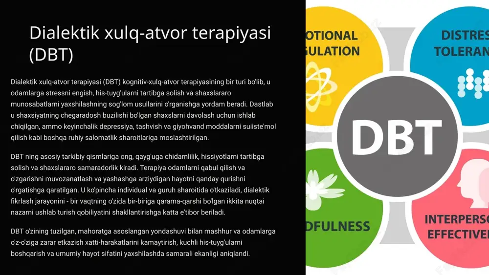 'lishga yordam berish uchun turli usullardan foydalanadilar, ko'pincha tizimli terapiya, strategik oilaviy terapiya va tizimli oilaviy terapiya kabi yondashuvlardan foydalanadilar. oila terapiyasining yakuniy maqsadi barcha oila a'zolarining farovonligini oshirish va oilada qo'llab-quvvatlovchi va tarbiyalovchi muhitni rivojlantirishdir. 9 klinik-psixologik aralashuvlarning samaradorligi klinik-psixologik aralashuvlar samaradorligini baholash haqida gap ketganda, muvaffaqiyatli natijalarga yordam beradigan omillarning keng doirasini hisobga olish juda muhimdir. tadqiqotlar shuni ko'rsatadiki, kognitiv-xulq-atvor terapiyasi (cbt), dialektik xulq-atvor terapiyasi (dbt), psixodinamik terapiya va gumanistik terapiya kabi dalillarga asoslangan amaliyotlar turli xil ruhiy salomatlik muammolarini hal qilishda sezilarli samaradorlikni ko'rsatdi. bu aralashuvlar shaxsning o‘ziga xos ehtiyojlariga moslashtirilib, o‘qitilgan mutaxassislar tomonidan amalga oshiriladi, bu esa xatti-harakatlar, fikrlash shakllari va hissiy farovonlikdagi ijobiy o‘zgarishlarga olib keladi. bundan tashqari, guruh terapiyasi va oilaviy terapiya uzoq muddatli tiklanish uchun zarur bo'lgan ijtimoiy qo'llab-quvvatlash va shaxslararo munosabatlarni mustahkamlashda samarali ekanligi aniqlandi. ushbu tadbirlarning birgalikdagi tabiati odamlarga tegishlilik va tushunish hissini beradi, ularning umumiy farovonligiga hissa qo'shadi. shuni e'tirof …