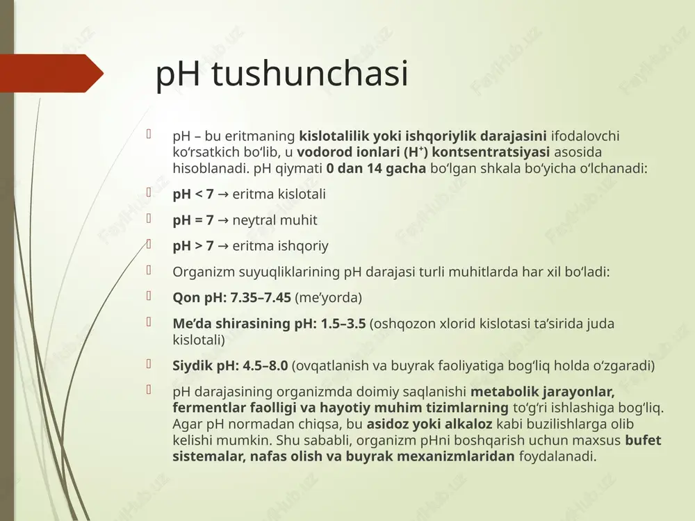 osil bo‘lishi. 3) kislota yoki asos xossasiga ega bo‘lgan moddalarning buyrak orqali tashqi muhitga chiqarib yuborilishining buzilishi. ko‘p hollarda odam organizmidagi kislota-asos muvozanatining buzilishi bu uch turning birgalikdagi ta’siri natijasida kelib chiqadi. respirator yoki nafas atsidozi organizm uchun eng xavfli bo‘lgan kislotaasos muvozanatining buzilishiga olib keladi.uning kelib chiqishiga nafas olishning bir minutdagi umumiy hajmining kamayishi sabab bo‘ladi va qator kasalliklar (bronxit, bronxial bug‘ma (astma), o‘pka emfizemasi va atalektaza, mexanik tabiatli asfiksiya, qon aylanishining susayishi va h.) natijasida shakllanadi. xulosa kislota-asosli muvozanat organizmning normal faoliyat yuritishi, sanoat jarayonlarining barqarorligi va laboratoriya tadqiqotlarining aniqligi uchun muhim omildir. ushbu muvozanat saqlanmasa, biologik tizimlarda funksional buzilishlar yuzaga kelishi, kimyoviy jarayonlarda esa kutilmagan o‘zgarishlar sodir bo‘lishi mumkin. bufet eritmalari esa kislotalar yoki asoslar qo‘shilganda muvozanatni saqlashga yordam beruvchi maxsus tizim bo‘lib, ular qonning ph darajasini me’yorda ushlab turishda, farmatsevtika, oziq-ovqat va kimyo sanoatida keng qo‘llaniladi. ushbu tizimlarning ishlash mexanizmini tushunish ularni turli sohalarda samarali qo‘llash …