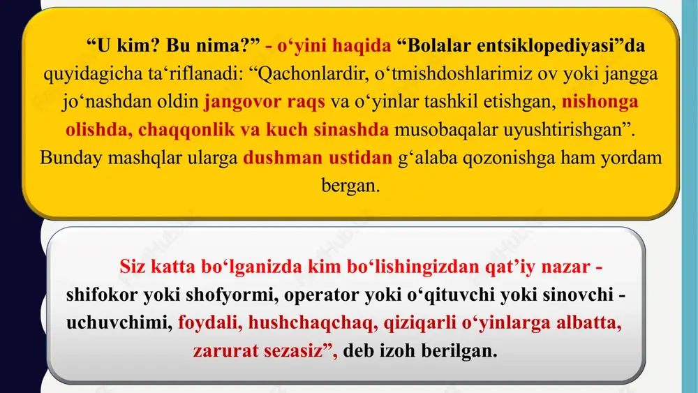 ‘yinni yaxshi o‘zlashtirish uchun quyidagi usullardan foydalanish tavsiya qilinadi. «mergan» o‘yini bolalar ikki jamoaga bo‘linib, yuzlari bir-biriga qaragan holda safga turadilar. o‘rtaga har bir jamoadan 6-8 m uzoqlikda bulava qo‘yilgan bo‘ladi. ishora berilishi bilan har qaysi qatordagi bolalar galma-galdan to‘pni bulavaga otib uni urib yiqitishga harakat qiladilar. qaysi jamoada bulavani ko‘proq urib tushirgan bo‘lsa, o‘sha jamoada g‘olib hisoblanadi. harakatli o‘yinni pedagogik tasnifi pedagogik amaliyotda harakatli o‘yinni keng qo‘llanilishi, ularni tasnifini, guruhlarni tashkil etishni kamdan-kam tashkil etadi ya’ni xar hil pedagogik vazifani hal etish uchun ma’lum belgilar bo‘yicha ularni maqsadga yo‘naltirilgan holda tanlashni, ularni shu ish jarayonida qo‘yiladi. e’tiboringiz uchun rahmat! image1.png image2.jpg image3.png image4.png image5.png image6.png image7.png image8.png image9.png image10.png image11.jpg image12.jpg image13.jpg image14.jpg image15.jpg image16.jpg image17.png image18.png image19.png image20.png image21.png image22.png image23.png image24.png image25.png image26.png image27.png image28.png image29.png image30.png image31.png image32.png image33.png image34.png