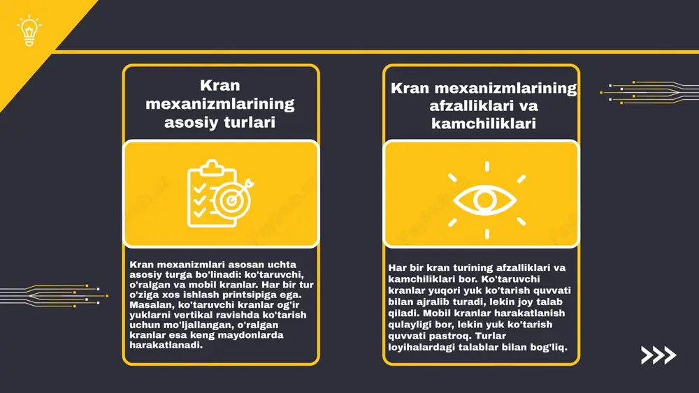 r mexanizmlarning ishlashini va xavfsizlikni nazorat qilish uchun zarur bo'lgan shart-sharoitlarni belgilaydi. kran mexanizmlarini ishlab chiqarishda bu standartlarga amal qilish ish joyida xavfsizlikni oshiradi. xavfsizlik talablariga oid standartlar kran mexanizmlarini ishlab chiqarishda va ishlatishda muhim ahamiyatga ega. ushbu standartlar mexanizmlarning xavfsizligini ta'minlaydi va ish sharoitlarini optimallashtiradi. kran mexanizmlari uchun belgilangan xavfsizlik qoidalari operatsiyalarni xavfsiz va samarali amalga oshirishni ta'minlaydi. xavfsizlik standartlari va muhim qoidalar amaldagi standartlar va ularning roli ishlash samaradorligiga qo'yiladigan talablar - energiyani tejash: kran mexanizmlarining energiya samaradorligini oshirish, iqtisodiy xarajatlarni kamaytirish va atrof-muhitga ta'sirni kamaytirish. - tezlik va yuk ko'tarish imkoniyatlari: kran mexanizmlarining maksimal yuk ko'tarish qobiliyati va ish tezligini ta'minlash, uskunaning samaradorligini oshirish. - ta'minot va xizmat ko'rsatish talablari: kran mexanizmlarining muntazam texnik xizmat ko'rsatish va ta'mirlash talablarini bajarish, ish faoliyatini uzluksiz ta'minlash. texnik xizmat ko'rsatish va ta'mirlash standartlari - texnik xizmat ko'rsatish kran mexanizmlarining ishonchli ishlashini ta'minlaydi. - muntazam xizmatlar mexanizmlarning uzoq muddatli ishlashini kafolatlaydi. …