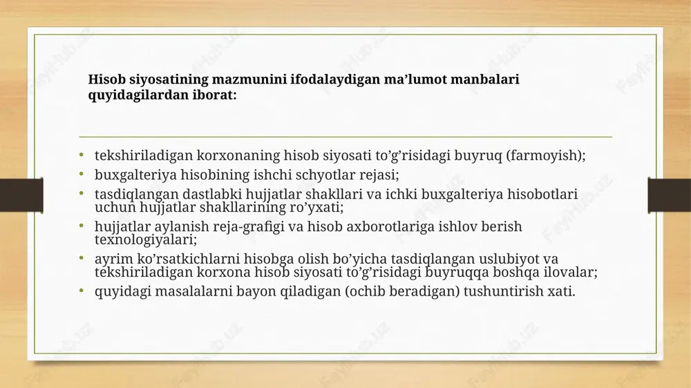satiga taalluqli bo’lmagan narsalarni ham kiritadilar. masalan, xodimlarga ish haqi berish muddatlari, ta’tillar davomiyligi, me’yoridan oshiq xizmat safari xarajatlari va hokazo. bunday axborotlar korxonaning boshqa ichki hujjatlarida aks ettiriladi. ayrim korxonalar bux-galteriya hisobining barcha mumkin bo’lgan unsurlari bo’yicha buxgalteriya hisobi uslublarini, ular oldin qo’llanganligi va keyinchalik qo’llanishi zarurligiga qaramasdan buyruqqa kiritishlari oqibatida xato-kamchiliklarga yo’l qo’yadilar. hisob siyosati to’g’risidagi buyruqlarni auditorlar tomonidan test sinovidan o’tkazish amaliyoti shuni ko’rsatmoqdaki, ayrim xo’jalik yurituvchi sub’ektlar bu hujjatga hisob siyosatiga taalluqli bo’lmagan narsalarni ham kiritadilar. masalan, xodimlarga ish haqi berish muddatlari, ta’tillar davomiyligi, me’yoridan oshiq xizmat safari xarajatlari va hokazo. bunday axborotlar korxonaning boshqa ichki hujjatlarida aks ettiriladi. ayrim korxonalar bux-galteriya hisobining barcha mumkin bo’lgan unsurlari bo’yicha buxgalteriya hisobi uslublarini, ular oldin qo’llanganligi va keyinchalik qo’llanishi zarurligiga qaramasdan buyruqqa kiritishlari oqibatida xato-kamchiliklarga yo’l qo’yadilar. agar xo’jalik yurituvchi sub’ekt buxgalteriya hisobining u yoki bu usullarini mustaqil ishlab chiqadigan bo’lsa, u holda auditor ularning buxgalteriya hisobiga oid …