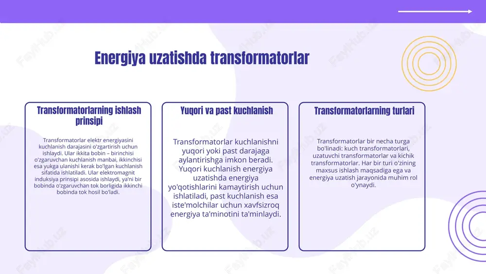 rgiyasini uzatishda muhim rol o'ynaydi. ular elektr kuchlanishini oshirish yoki kamaytirish uchun ishlatiladi, shu bilan birga elektr energiyasining samarali tarqatilishiga yordam beradi. ularning vazifalari kuchlanish transformatorlari quyidagi vazifalarni bajaradi: 1. kuchlanishni oshirish yoki kamaytirish; 2. elektr energiyasini uzatishdagi yo'qotishlarni minimallashtirish; 3. elektr tarmoqlarini xavfsiz va samarali ishlashini ta'minlash. elektr energiyasini uzatishdagi ahamiyati kuchlanish transformatorlari elektr energiyasini uzoq masofalarga uzatishda juda muhimdir. ular kuchlanishni oshirib, energiyani kam yo'qotish bilan uzatishga imkon beradi, bu esa iqtisodiy jihatdan foydali va energiya samaradorligini oshiradi. transformatorlarning qo‘llanilishi sanoat sohasidagi qo‘llanishi transformatorlar sanoat sohalarida energiya ta’minoti uchun zarur. masalan, metallurgiya zavodlarida yuqori kuchlanishli elektr energiyasini past kuchlanishga o‘tkazish uchun ishlatiladi. bu, o‘z navbatida, uskunalarning samaradorligini oshiradi. energiya ta’minoti va qurilish transformatorlar energiya ta’minoti tizimlarida ham muhim rol o‘ynaydi. ular elektr energiyasini uzatishda kuchlanishni o‘zgartirish uchun ishlatiladi. qurilish sohasida esa, transformatorlar qurilmalarga energiya yetkazib berishda qo‘llaniladi, masalan, yangi binolarni elektr energiyasi bilan ta’minlashda. transformatorlarning kelajagi yangi texnologiyalar …