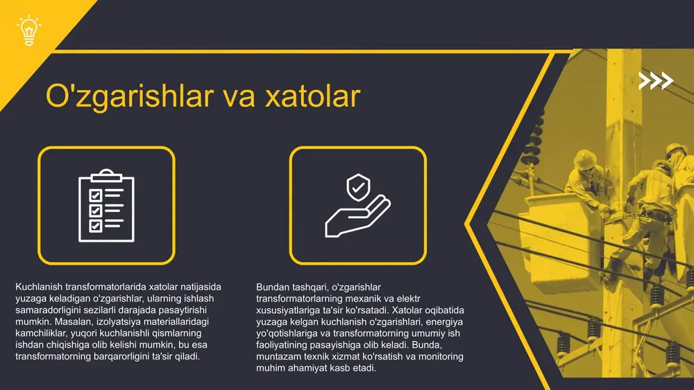 larni yig'ish va xatoliklarni tezda aniqlashga yordam beradi. 4. xatoliklarni tahlil qilish va ulardan o'rganish uchun statistik ma'lumotlar bazasini yaratish, bu kelajakdagi xatoliklarni oldini olishda muhim ahamiyatga ega. ushbu takliflar orqali kuchlanish transformatorlarining samaradorligini oshirish va xatoliklarni kamaytirish mumkin. photo by josh olalde on unsplash xatoliklarni bartaraf etish usullari xatoliklarni bartaraf etish uchun samarali usullar quyidagilar: rejalashtirish, ta'mirlash va monitoring. har bir usulni qo'llashda asosiy jihatlarni inobatga olish zarur. rejalashtirish jarayonida xatoliklarning kelib chiqish sabablari aniqlanib, ularga qarshi chora-tadbirlar ishlab chiqilishi kerak. ta'mirlash jarayoni xatoliklarni bartaraf etish uchun muhimdir. bu jarayonda xatolikni aniqlash va to'g'ri ta'mirlash usullarini qo'llash kerak. monitoring esa jarayonlarni nazorat qilish va xatoliklarni vaqtida aniqlashga yordam beradi, bu esa muammolarni oldini olish imkonini beradi. bundan tashqari, transformatorlarning ishlash muddatini uzaytirish va ularni samarali boshqarish uchun ilg'or monitoring tizimlarini joriy etish muhimdir. bu tizimlar ishlash jarayonini nazorat qilish, anomaliyalarni aniqlash va zaruriy choralarni ko'rish imkonini beradi. shuningdek, xodimlarni …