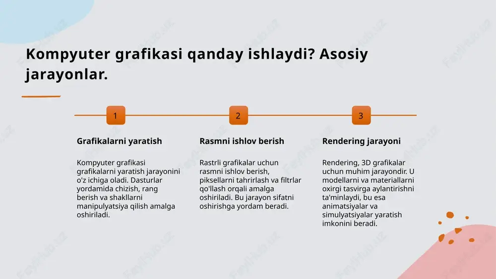 sifatni yo'qotishi mumkin. ularning o'lchovlari va rang chuqurligi tasvir sifatiga ta'sir qiladi. rastrli grafikalar ko'pincha veb-dizayn, raqamli san'at va foto tahrirlashda ishlatiladi. ular yuqori tafsilotlar va ranglar bilan ishlashda juda samaralidir. fraktal grafikalar: tabiiy ko'rinish va murakkablik. 1 fraktal grafikalar tushunchasi - fraktal grafikalar, tabiiy shakllarning takrorlangan geometrik naqshlari orqali yaratiladi. ular murakkab va ko'p qatlamli ko'rinishlarga ega bo'lishi bilan ajralib turadi. 2 tabiiy ko'rinish - fraktal grafikalar ko'pincha tabiiy ob'ektlarni, masalan, tog'lar, bulutlar va o'simliklar kabi murakkab shakllarni ifodalaydi. ularning takrorlanishi tabiiy go'zallikni aks ettiradi. 3 murakkablik va ilovalar - fraktal grafikalar murakkab algoritmlar yordamida yaratiladi. ular ilmiy tadqiqotlarda, san'atda va dizaynda keng qo'llaniladi, masalan, simulyatsiya va vizualizatsiyada. rastrli va fraktal grafikalar: farqlar va o'xshashliklar. 1 rastrli grafikalar rastrli grafikalar, piksel asosida yaratiladi, bu esa tasvirlar sifatini va hajmini belgilaydi. ular odatda yuqori sifatli tasvirlar uchun ishlatiladi. 2 fraktal grafikalar fraktal grafikalar matematik formulalar asosida yaratiladi, ularning murakkabligi va …