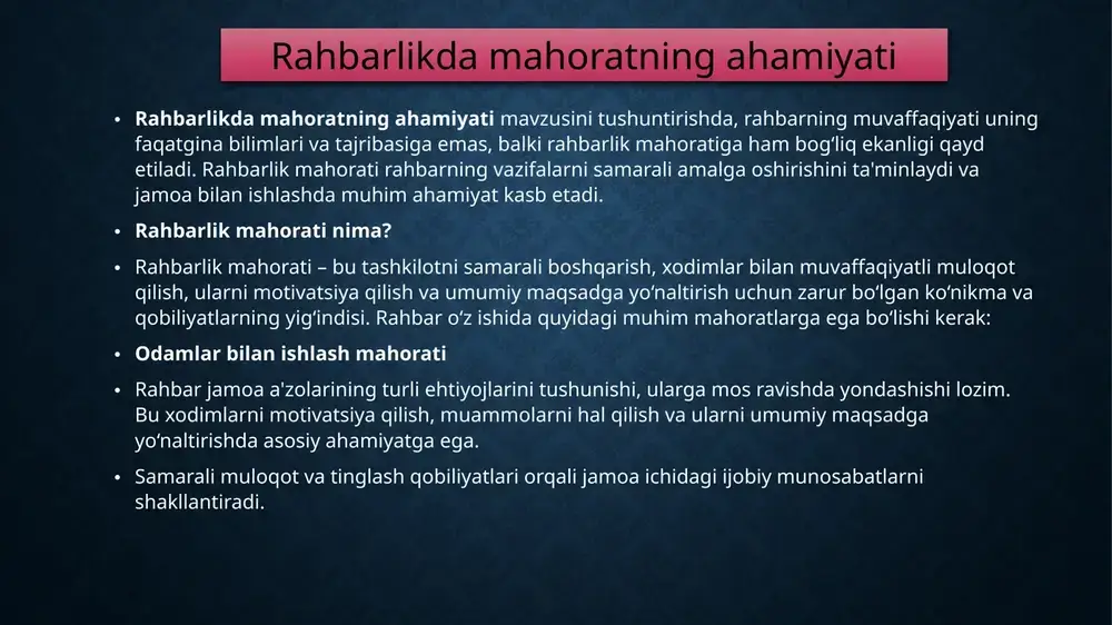 atsion va kutilmagan yechimlar ko‘rib chiqilishi mumkin. jamoaviy muhokama va qarorlar: muammolarni hal etishda xodimlar bilan muhokama qilish va ularning fikrlarini inobatga olish ham samarali bo‘lishi mumkin. bu jamoaning birgalikda ishlashini va bir-birini qo‘llab-quvvatlashini ta’minlaydi. xulosa rahbarlik ishini samarali tashkil etish mahorati har bir tashkilotning muvaffaqiyati va barqarorligi uchun asosiy omillardan biridir. rahbarlik faqat buyruq berish va nazorat qilish bilan cheklanmaydi; u xodimlarni ilhomlantirish, maqsadlarga erishishda strategik fikrlash va tashkilotni innovatsiyalarga yo‘naltirish kabi muhim qobiliyatlarni talab qiladi. rahbarlikda muvaffaqiyatga erishish uchun quyidagi ko‘nikmalar muhim ahamiyatga ega: samarali rejalashtirish – resurslar va vaqtni to‘g‘ri boshqarish, maqsadlarni aniq belgilash. jamoaviy ishni tashkil qilish – xodimlar bilan ijobiy munosabatlarni shakllantirish, ularni motivatsiya qilish. qaror qabul qilish va muammolarni hal qilish qobiliyati – tezkor va to‘g‘ri qarorlar qabul qilish, muammolarga ijodiy va strategik yondashish. innovatsiyalarni joriy etish – zamonaviy texnologiyalarni o‘zlashtirish va tashkilotni yangilash. rahbarlikda samarali ishni tashkil etish jarayoni rahbardan strategik fikrlash, moslashuvchanlik, …