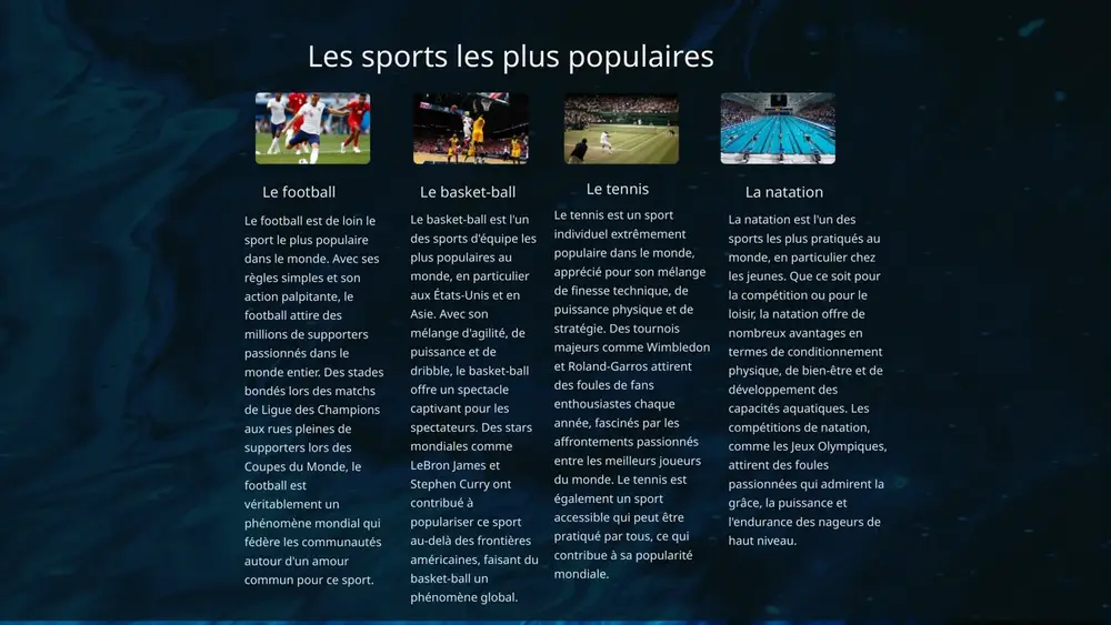 all, des tapis de sol pour la gymnastique, des murs d'escalade et des équipements de fitness. ces espaces permettent la pratique de nombreux sports toute l'année, quel que soit le climat extérieur. ils sont souvent situés dans les écoles, les universités ou les complexes sportifs pour faciliter l'accès aux athlètes et aux amateurs de sport. 3 les piscines et les centres aquatiques les piscines et les centres aquatiques sont des installations dédiées aux activités nautiques comme la natation, la plongée ou les sports aquatiques. elles peuvent prendre différentes formes, allant des simples bassins de nage aux complexes comprenant plusieurs piscines, des toboggans, des bains à remous et des équipements de fitness. ces installations permettent de pratiquer des sports de manière sécurisée et encadrée, tout en offrant aux nageurs et aux familles un environnement agréable et récréatif. elles jouent un rôle essentiel dans la promotion des activités physiques et aquatiques. 7 …