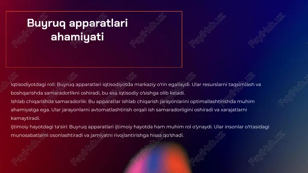 o‘rganish va ulardan foydalanish. 4. mijozlar ehtiyojlarini inobatga olish orqali xizmat ko‘rsatishni yaxshilash. izlanishlar va innovatsiyalar izlanishlar va innovatsiyalar buyruq apparatlarini yanada rivojlantirishga yordam beradi. yangi tadqiqotlar va texnologiyalar ushbu sohada yangi imkoniyatlar yaratadi va samaradorlikni oshiradi. kelajakdagi rivojlanish buyruq apparatlarining kelajakdagi rivojlanishi zamonaviy texnologiyalar, xususan, sun’iy intellekt, bulutli hisoblash va internet narsalari (iot) kabi sohalarda yangi imkoniyatlarni yaratadi. masalan, sun’iy intellekt asosidagi algoritmlar buyruq apparatlarining samaradorligini oshiradi, ularning o‘z-o‘zini boshqarish qobiliyatini rivojlantiradi va qaror qabul qilish jarayonlarini tezlashtiradi. bulutli texnologiyalar esa buyruq apparatlarining ma’lumotlarga tez va qulay kirish imkonini beradi, bu esa operatsion samaradorlikni oshiradi. kelajakda buyruq apparatlarining qo‘llanilishi shuningdek, kiberxavfsizlikni ta’minlashda ham muhim ahamiyatga ega bo‘ladi. yangi usullar, masalan, blokcheyn texnologiyasi, xavfsiz aloqalarni ta’minlaydi va ma’lumotlarning yaxlitligini oshiradi. bunday texnologiyalarning joriy etilishi buyruq apparatlarining xavfsizligini oshirish va ulardan foydalanishni yanada ishonchli qilish imkonini beradi. shu tariqa, kelajakda buyruq apparatlarining qo‘llanilishi yanada kengayadi va ularning samaradorligi oshadi. yangi texnologiyalar …