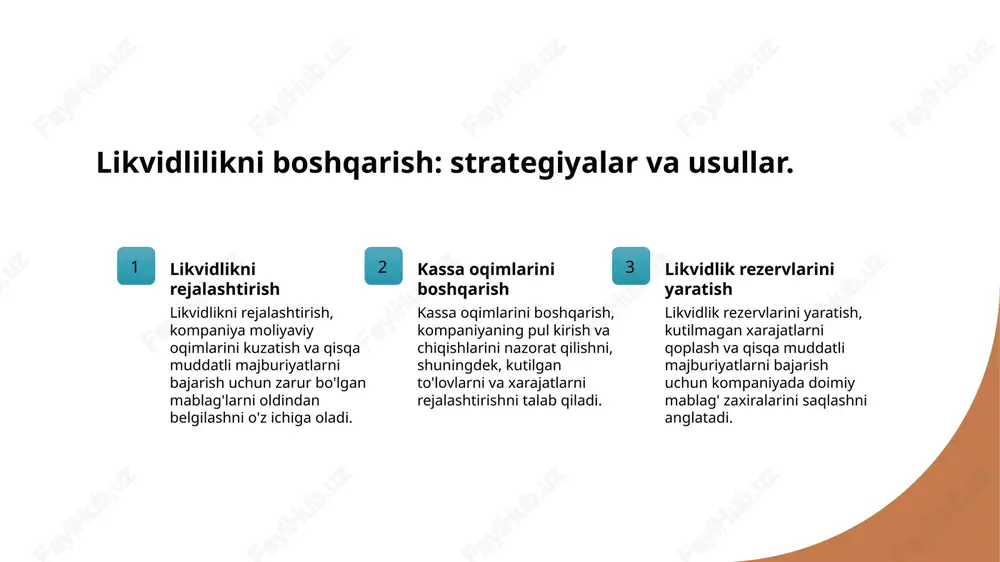 yordamida risk baholash, kompaniyaning to‘lov qobiliyatini va potentsial moliyaviy muammolarni aniqlashda muhim rol o‘ynaydi. likvidlilik koeffitsienti: moliyaviy barqarorlikni baholash vositasi. likvidlilik koeffitsienti moliyaviy barqarorlikni baholashda muhim rol o'ynaydi. ushbu koeffitsient, korxonaning qisqa muddatli majburiyatlarini bajarish qobiliyatini ko'rsatadi. odatda, likvidlilik koeffitsienti 1 dan yuqori bo'lishi kerak, bu esa moliyaviy xavfsizlikni ta'minlaydi. - qisqa muddatli majburiyatlarni qoplash; - moliyaviy resurslarni samarali boshqarish; - investitsiya imkoniyatlarini baholash. photo by engin akyurt on unsplash likvidlilik koeffitsientining turlari va ularning farqlari. likvidlilik koeffitsienti likvidlilik koeffitsienti, kompaniyaning qisqa muddatli majburiyatlarini toʻlash qobiliyatini oʻlchaydi va moliyaviy barqarorlikni ta'minlashda muhimdir. turlari likvidlilik koeffitsientining asosiy turlari: joriy koeffitsient, tezkor koeffitsient va kashfiyatchi koeffitsienti. har biri turli holatlarda qoʻllanadi va farqlanadi. farqlari har bir koeffitsientning farqi, ularning o'lchov usulida va qamrovida yotadi. joriy koeffitsient barcha aktivlarni, tezkor koeffitsient esa faqat tez likvid aktivlarni hisoblaydi. likvidlilik koeffitsientining hisoblash usullari va formulalari. 1 likvidlilik koeffitsienti - likvidlilik koeffitsienti - bu korxonaning qisqa …