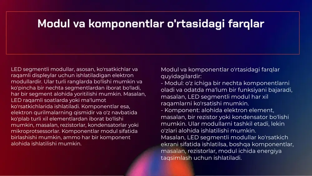 h va boshqarishni soddalashtiradi. microservices esa tizimlarni modulli ravishda ishlab chiqishga imkon beradi, bu esa o'zgarishlarga moslashishni va kengaytirishni qulaylashtiradi. api usuli tezkor va oson integratsiya imkonini beradi, ammo xavfsizlik masalalari va bog'liqlik muammolari paydo bo'lishi mumkin. microservices usuli esa mustaqil xizmatlar yaratishga imkon beradi, lekin bu usulda tizimlar o'rtasida aloqa murakkablashishi va qo'shimcha resurslarga ehtiyoj tug'dirishi mumkin. samaradorlik va uzluksizlilik modulning yuqori samaradorligi foydalanuvchilar uchun tez va ishonchli xizmat ko'rsatishni ta'minlaydi. uzluksiz ishlash, tizimning barqarorligini oshiradi va ishlab chiqarish jarayonlarini optimallashtiradi. integratsiya qiyinchiliklari integratsiya jarayonida vaqt va resurslarni talab qiladigan qiyinchiliklar yuzaga kelishi mumkin. shuningdek, eski tizimlar bilan moslik muammolari paydo bo'lishi ehtimoli bor. yangi texnologiyalar yangi texnologiyalarni joriy etish, modulning imkoniyatlarini kengaytiradi va raqobatdosh ustunliklarni yaratadi. innovatsiyalar yordamida xizmat ko'rsatish sifatini oshirish mumkin. raqobatchi tahdidlari raqobatchilar tomonidan yangi mahsulotlar va xizmatlar taqdim etilishi, bozorning o'zgaruvchanligi muammolarni keltirib chiqarishi mumkin. bu, o'z navbatida, mijozlarni yo'qotishga olib kelishi ehtimoli bor. …