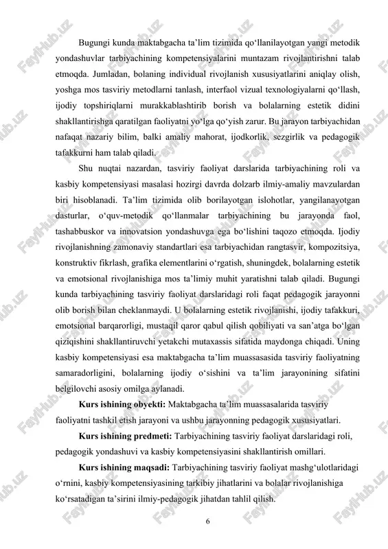 tushunchalar, modellashgan pedagogik yondashuvlar va ilmiy asoslangan xulosalar kelgusidagi tadqiqotlar uchun nazariy baza vazifasini bajaradi. kurs ishining amaliy ahamiyati: olingan natijalar tarbiyachilar faoliyatiga tatbiq etilishi, tasviriy mashg‘ulotlarni samarali tashkil etish, metodik vositalarni tanlash va bolalarda ijodiy qobiliyatlarni rivojlantirish jarayonini takomillashtirishda amaliy yordam beradi. shuningdek, o‘qituvchilar, tarbiyachilar va metodistlar uchun qo‘llanma sifatida foydalanish mumkin. kurs ishining tuzilishi: kirish, 2 bob, 5 paragraf, xulosa va foydalanilgan adabiyotlar iborat. i bob. tasviriy faoliyatga oʻrgatishning pedagogik asoslari 1.1. tasviriy faoliyat tushunchasi va turlari tasviriy faoliyat maktabgacha ta’lim jarayonining eng muhim tarkibiy qismlaridan biri bo‘lib, bolalarning atrof-muhitni idrok etishi, undagi narsa va hodisalarni obrazlar orqali ifodalashi, shuningdek, o‘z his-tuyg‘ularini yaratgan tasvirlar orqali namoyon etishi bilan xarakterlanadi. pedagogik jihatdan olganda, tasviriy faoliyat bola taraqqiyotining bir necha asosiy yo‘nalishlarini qamrab oladi: estetik, intellektual, emotsional, psixomotor va kommunikativ rivojlanish. ushbu faoliyat turlari bolalarda ijodiy fikrlashni shakllantiradi, ularning tasavvurini boyitadi va mustaqil ishlash ko‘nikmalarini rivojlantiradi[footnoteref:3]. [3: “ilk qadam” davlat …