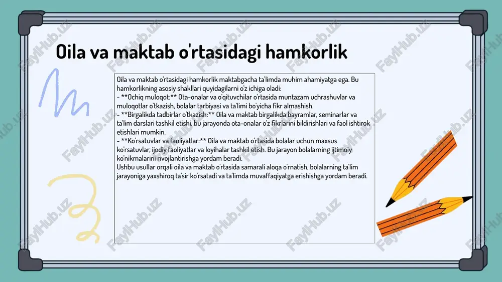 r ko'rsatadi. ushbu muammolarni aniqlash uchun oila va maktab o'rtasida muntazam uchrashuvlar o'tkazish va bir-birining fikrlarini tinglash muhimdir. muammolarni hal etishda, oila va maktab o'rtasidagi aloqa yo'llarini mustahkamlash, masalan, telefon va elektron pochta orqali doimiy aloqada bo'lish, o'zaro ishonchni kuchaytiradi. ochiq va halol muloqot, oila va maktab o'rtasidagi ishonchni mustahkamlash uchun zarurdir. shuningdek, oila va ta'lim muassasalari o'rtasida faol hamkorlik o'rnatish, bolalarning ta'lim olish jarayonini yanada samarali qilishga yordam beradi. oila va maktab o'rtasidagi ishonchni mustahkamlash uchun faoliyatlar va tadbirlar o'tkazish, masalan, ota-onalar uchrashuvlari va seminarlar tashkil etish tavsiya etiladi. [image: oila va maktab o'rtasidagi aloqalar] hamkorlikni kuchaytirish usullari maktab va oila o'rtasida rejalashtirilgan tadbirlar, masalan, ota-onalar uchun ochiq eshiklar kuni yoki maktab festivallari, ikki tomonlama aloqani kuchaytiradi. ushbu tadbirlar ota-onalarning faol ishtirokini ta'minlaydi va bolalarning ta'lim jarayoniga qiziqishini oshiradi. mutaxassislik almashinuvi, ya'ni o'qituvchilar va ota-onalar o'rtasida tajriba va bilimlar almashinuvi, har ikki tomonning ham o'zaro anglashuvini kuchaytiradi. bu, shuningdek, …