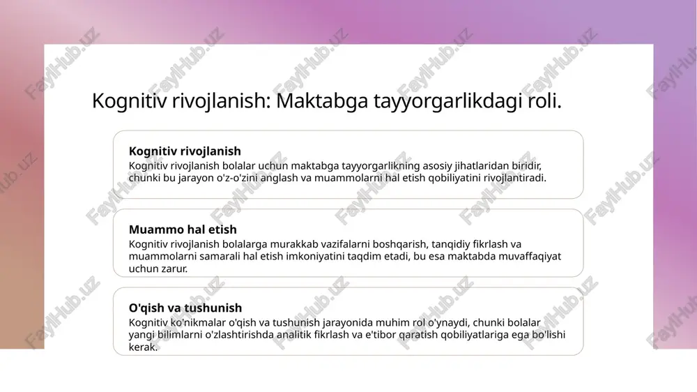 odlari, masalan, o'yin va interaktiv mashg'ulotlar, bolalarning kognitiv rivojlanishini rag'batlantirib, o'qish jarayonini qiziqarli qiladi. emotsional ko'nikmalar: maktabga tayyorgarlikdagi roli. 1 emotsional ko'nikmalar - emotsional ko'nikmalar, bolalarning o'z his-tuyg'ularini tushunish va boshqarish qobiliyatini rivojlantirishda muhimdir, bu esa maktabga tayyorgarlikda zarur. 2 maktabga moslashuv - emotsional ko'nikmalar, bolalarning yangi muhitga moslashishida, do'stlar bilan muloqotda va o'qituvchilar bilan aloqada muvaffaqiyatli bo'lishlariga yordam beradi. 3 o'z-o'zini anglash - bolalarning o'z his-tuyg'ularini anglash va boshqalar bilan empatiya ko'rsatish qobiliyati, ularni maktabda muvaffaqiyatliroq o'qitish va ijtimoiy aloqalarda yordam beradi. ijtimoiy ko'nikmalar va bolalar o'rtasidagi munosabatlar. 1 ijtimoiy ko'nikmalar ta'rifi ijtimoiy ko'nikmalar, bolalarning boshqalar bilan muloqot qilish, hamkorlik qilish va o'zaro tushunishni rivojlantirish qobiliyatidir. 2 ijtimoiy munosabatlar bolalar o'rtasidagi ijtimoiy munosabatlar, do'stlik va hamdardlikni oshirib, o'zaro hurmat va qo'llab-quvvatlash muhitini yaratadi. 3 ijtimoiy ko'nikmalarni rivojlantirish o'yinlar va guruh faoliyatlari bolalarga ijtimoiy ko'nikmalarni o'rganish imkonini beradi, bu esa ularning maktabga moslashuvini yengillashtiradi. emotsional barqarorlik: bolalar uchun muhim omil. …