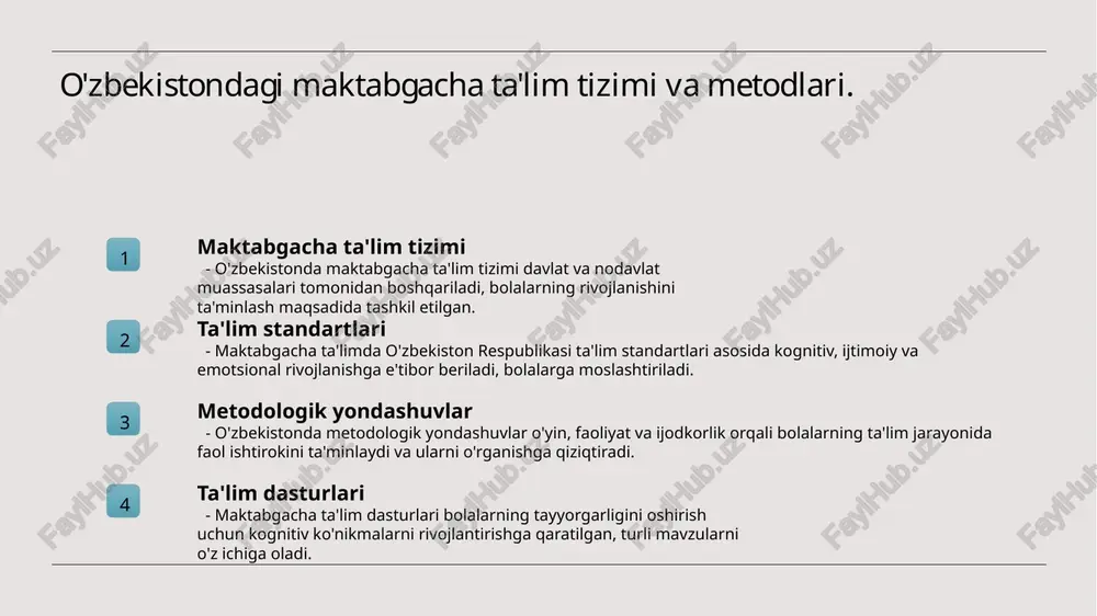 l qilishda yordam beradi. ijtimoiy qo'llab-quvvatlash ota-onalar va o'qituvchilar bolalarning emotsional tayyorgarliklariga rivojlanishida muhim rol o'ynaydi. ularning qo'llab-quvvatlashi bolalarning o'ziga ishonchini oshiradi. kognitiv rivojlanish: bolalarning aqliy qobiliyatlarini shakllantirish jarayoni. 1 kognitiv rivojlanish kognitiv rivojlanish, bolalarning aqliy qobiliyatlarini, ya'ni fikrlash, muammoni hal qilish va tushunishni rivojlantirish jarayonidir. 2 o'yin va o'rganish o'yin faoliyati, bolalarning kognitiv rivojlanishida muhim ahamiyatga ega. o'yin orqali bolalar yangi bilimlarni o'zlashtiradi va kreativ fikrlash qobiliyatlarini oshiradi. 3 ta'limning roli ta'lim muassasalari, bolalarning kognitiv qobiliyatlarini shakllantirishda muhim rol o'ynaydi, bu esa ularning maktabga tayyorgarlik jarayonida zaruriy ko'nikmalarni rivojlantiradi. ijtimoiy rivojlanish: bolalar orasida muloqot va hamkorlik ko'nikmalarini rivojlantirish. 01 muloqot ko'nikmalari bolalar orasida muloqot ko'nikmalari rivojlanishi, ularning fikrlarini ifodalash, savollar berish va o'zaro tushunishni ta'minlaydi. 02 hamkorlik jarayoni hamkorlik bolalar o'rtasida jamoaviy ishlarni amalga oshirish, umumiy maqsadlarga erishish va bir-birini qo'llab-quvvatlash orqali rivojlanadi. 03 o'yin va muloqot o'yin jarayonida bolalar muloqot qilishni va hamkorlikni o'rganadilar, bu ularning ijtimoiy ko'nikmalarini …