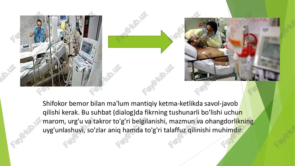 yati katta. shuning uchun ham o'zini professional va ehtiyotkor tutish, bemorning ahvoliga hurmat bilan yondashish juda muhimdir. agar imkoniyat bo'lsa va bemor bunga rozi bo'lsa, eng oddiy jismoniy aloqalar (masalan, qo'lni ushlash) bemorni qo'llab-quvvatlashning samarali usuli bo'lishi mumkin. biroq, har bir bemor o'z xohishiga ko'ra, jismoniy aloqani qabul qilishga tayyor emasligi mumkin, shuning uchun doimo uning shaxsiy maydoni va komfortini hurmat qiling. tibbiy va no-tibbiy masalalarni muhokama qilish •shifokor tibbiy masalalarni ko'rib chiqishdan tashqari, bemorning psixologik va ijtimoiy ehtiyojlariga ham e'tibor berishi kerak. bemorning yondosh xizmatlar, oilaviy qo'llab- quvvatlash yoki boshqa yordamni olishga ehtiyoji bo'lishi mumkin. •bemorning ishonchini qozonish uchun shifokor ijtimoiy holatga oid savollarni, masalan, "sizning oila a'zolaringiz qanday yordam bera olishadi?" deb so'rashi mumkin. hodisa va holatni ochiq tarzda muhokama qilish •agar bemorning ahvoli yomonlashayotgan bo'lsa, shifokor ochiq va aniq gapirish kerak. bemorni holatining jiddiyligi va davolashning ehtimoliy natijalari haqida shifokor ehtiyotkorlik bilan, lekin haqiqatni aytishi zarur. •"biz …
